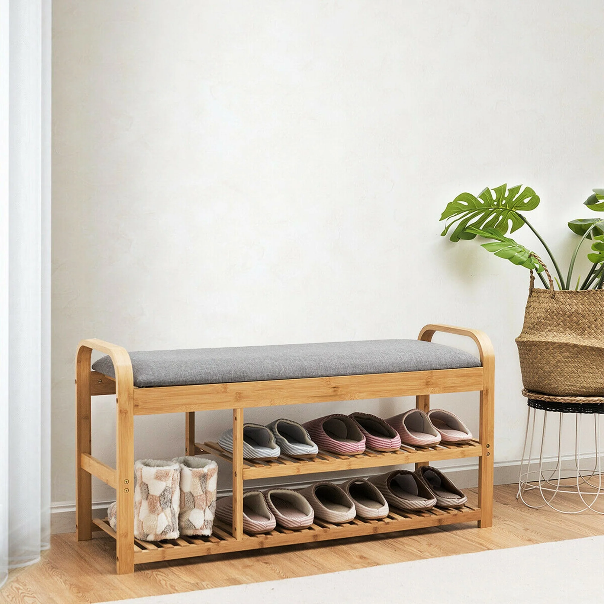 Gymax Shoe Rack Entryway 3-Tier Bamboo Shoe Bench Organizer W/Cushion - See Details