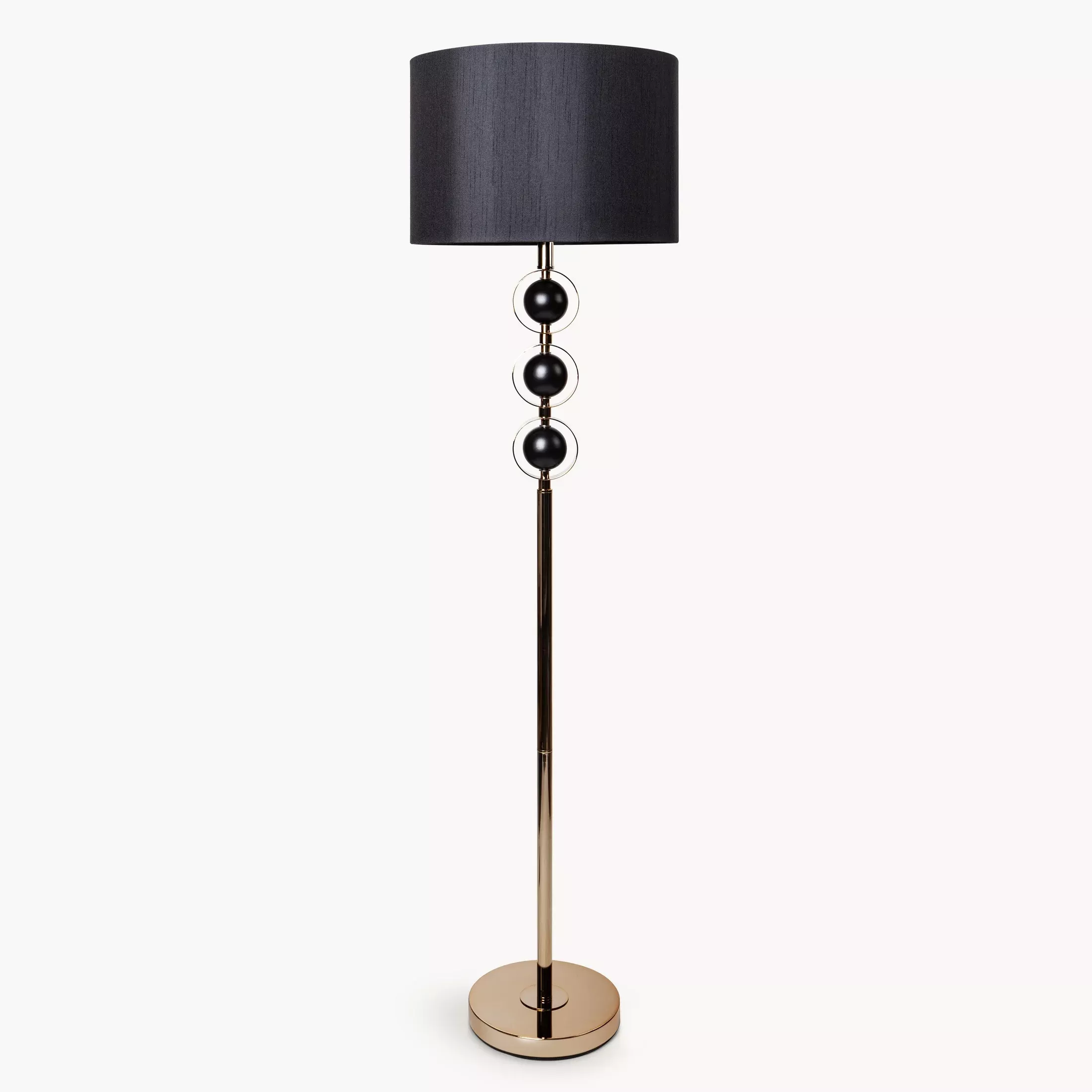 Lampa stojąca do salonu czarno, złota AMELIA z satynowym abażurem