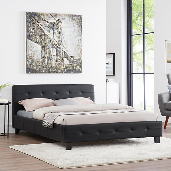 Lit double MATHIEU, 140 x 190 cm, capitonné avec sommier, revêtement synthétique noir