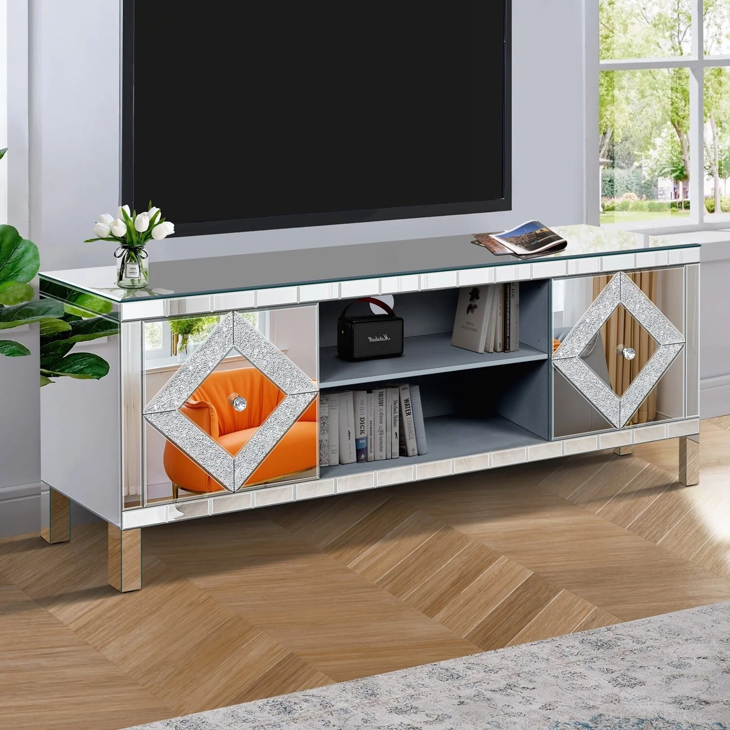 Charming Mirrored TV Stand with Abundant Storage for Living Room