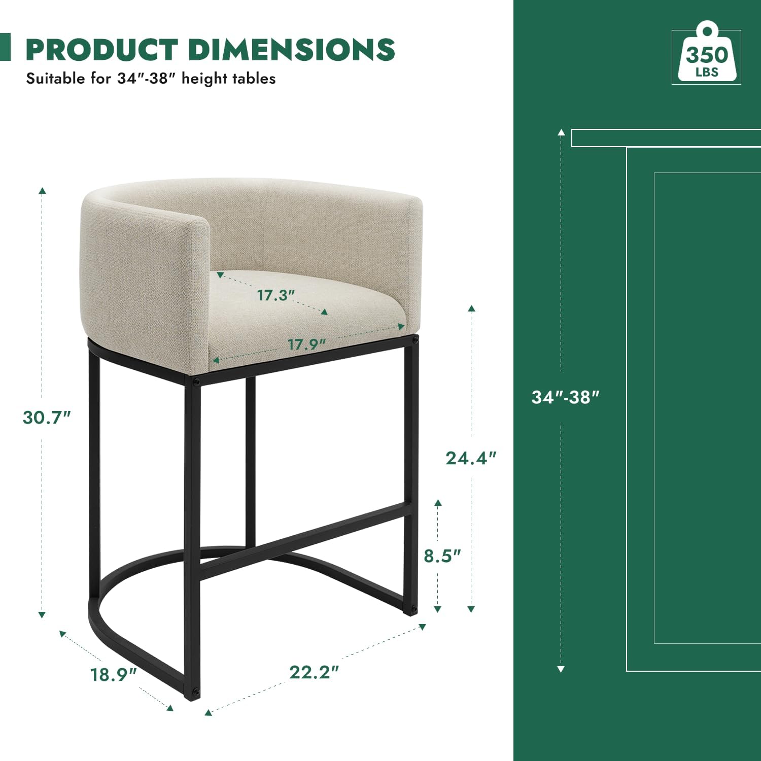 Counter Height Bar Stools Set of 3, 24 Inch Seat Height Barstools for Dining Room, Fabric Upholstered Bar Chair for Kitchen Island, Linen Counter Stools with Metal Legs, Beige