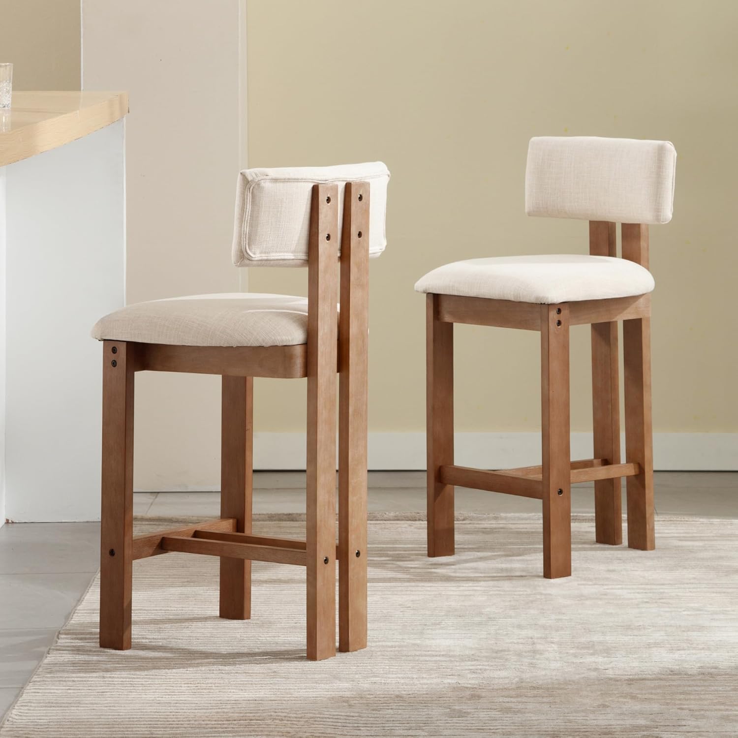 Mid Century Modern 26 Counter Bar Stools Set of 2, Farmhouse Comfy Upholstered Wooden Counter Height Barstools with Footrest for Kitchen Island/Home Bar/Cafe, Linen Beige White