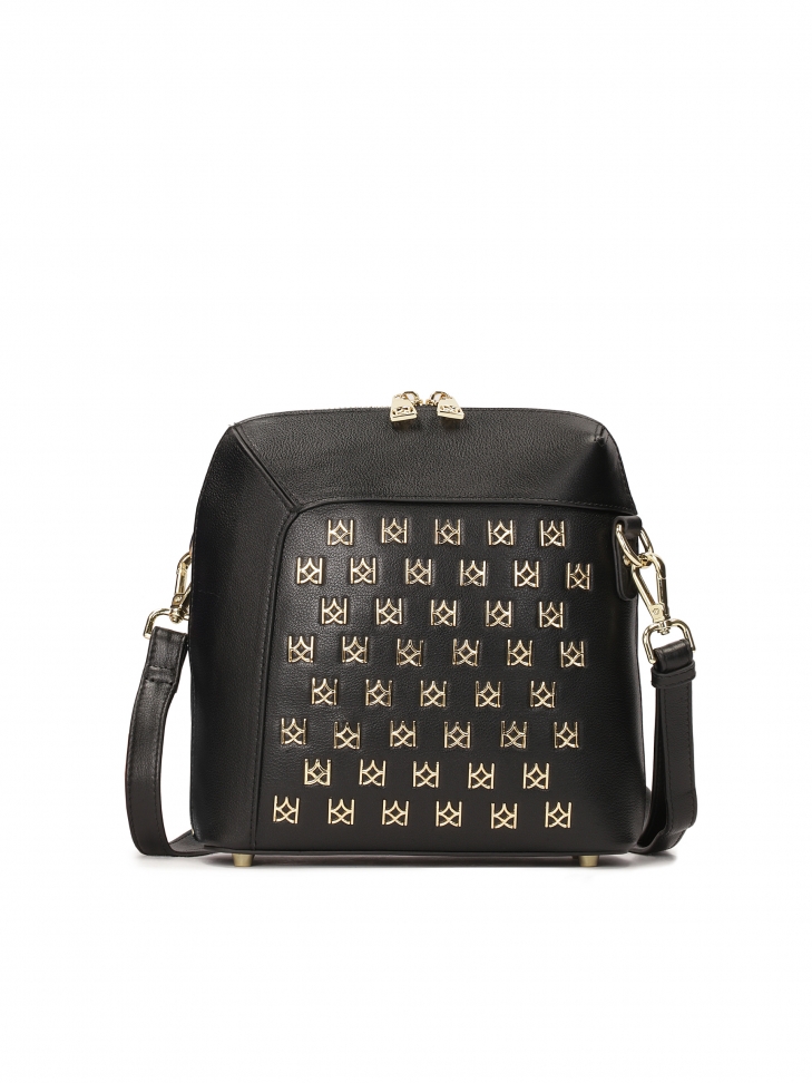 Versatile black handbag with metal monograms