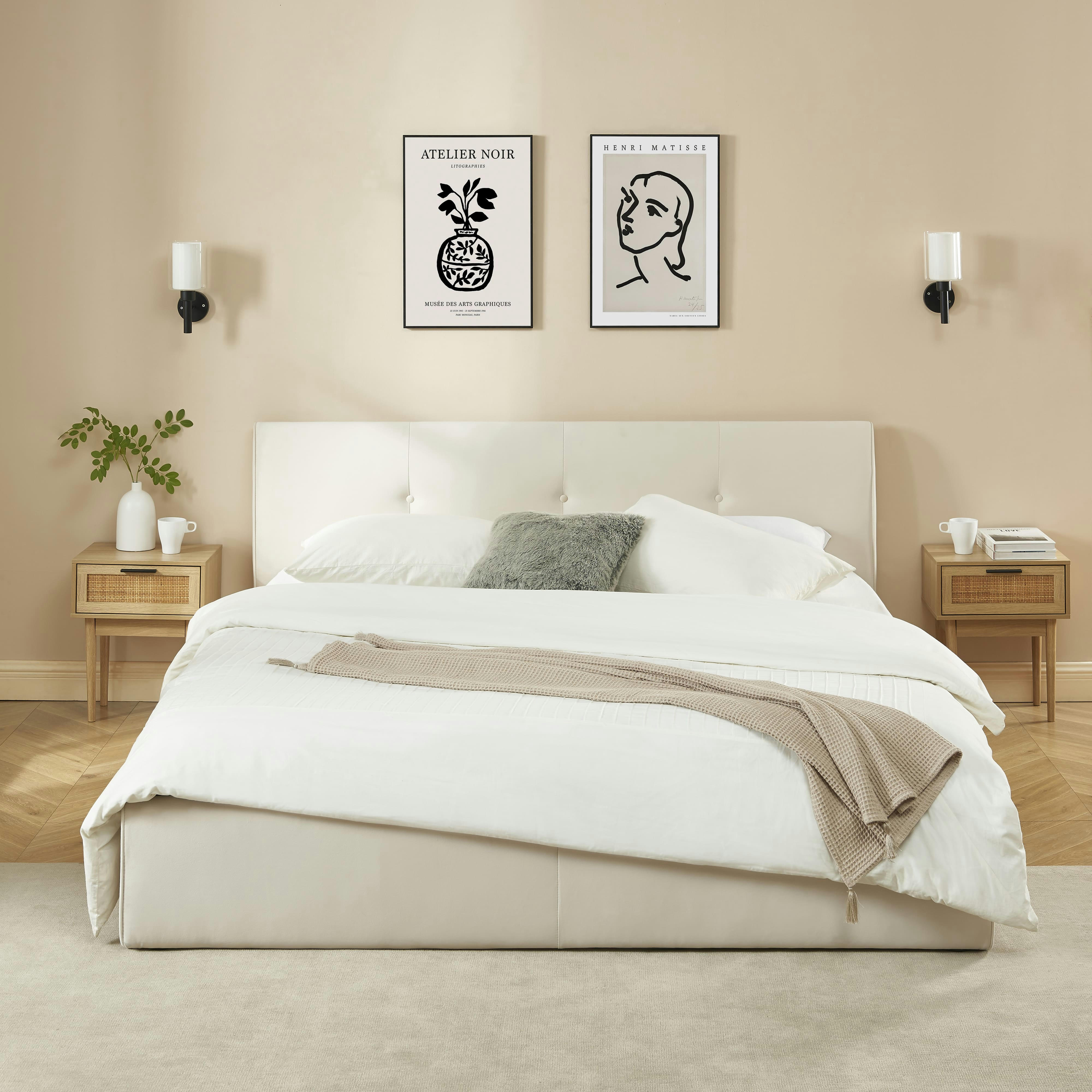 SEGURO - Lit coffre  velours beige crème 180x200 sommier inclus