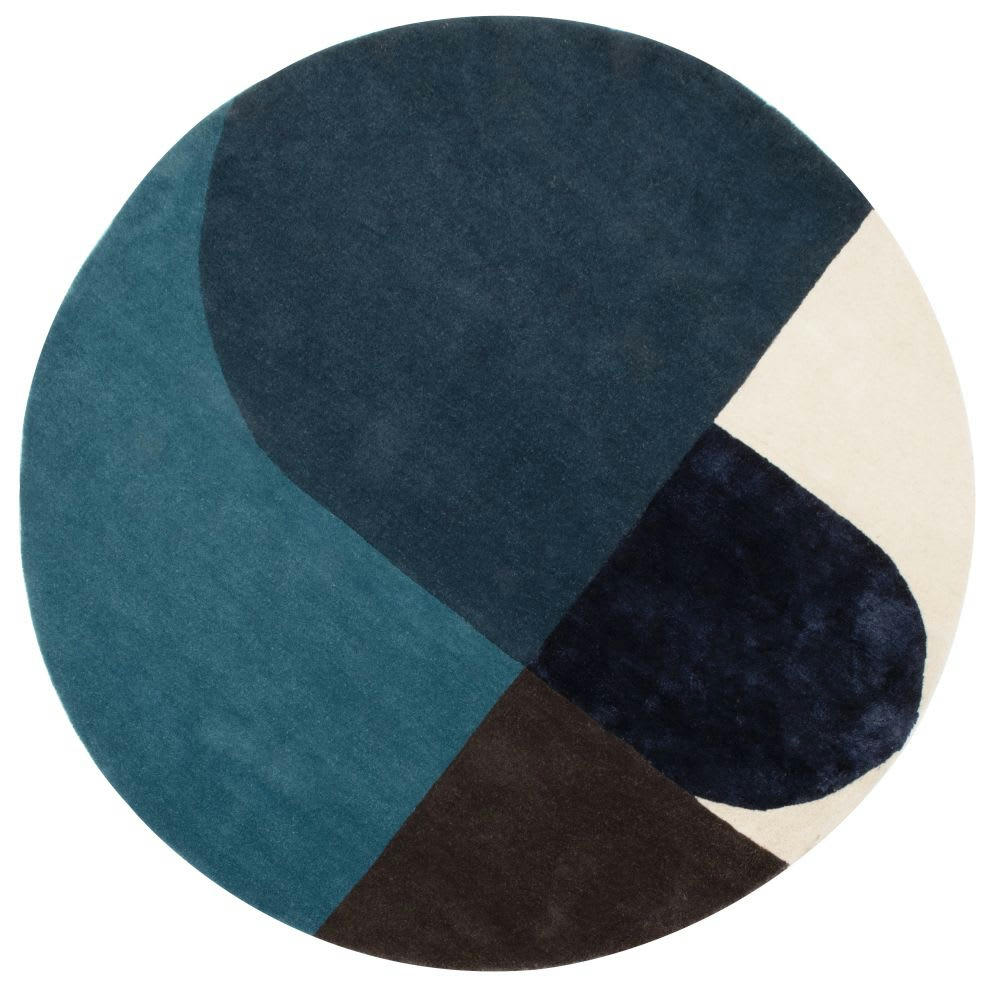 - Tapis rond jacquard en laine et en viscose caramel, bleu gris, gris anthracite et gris brossé, D180