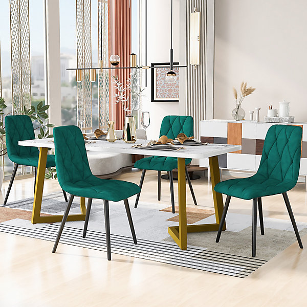 Ensemble table et chaises 117x68x75 cm avec 4 chaises velours vert, table rectangulaire MDF, pieds dorés
