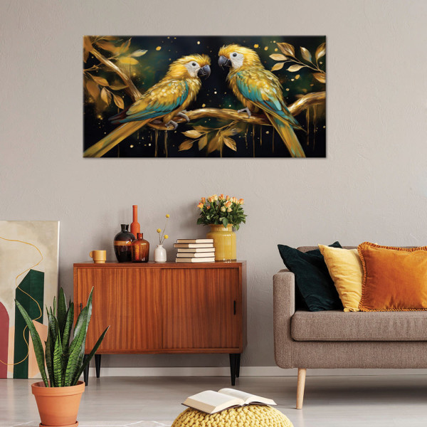 Feeby Obraz na płótnie, Papugi Ptaki Złote 120x60