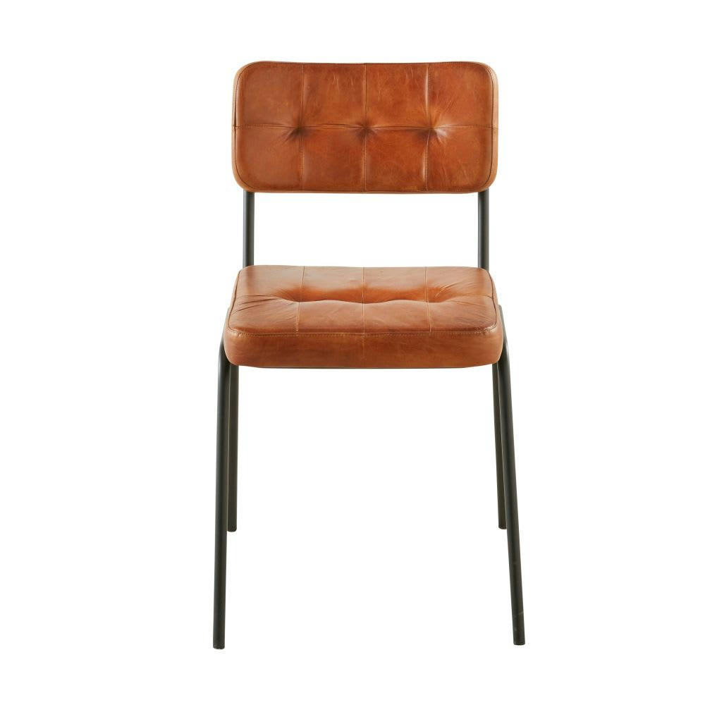 Flemming - Chaise capitonnée en cuir de buffle marron et métal noir