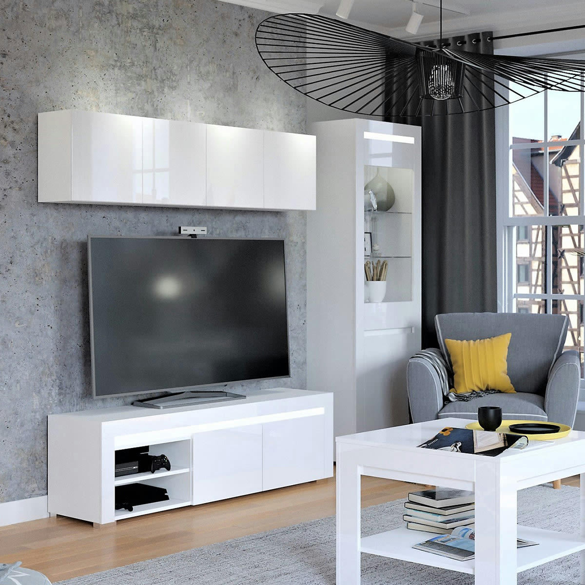 - Meuble TV 2 portes 152 cm LED inclus stratifiés blanc