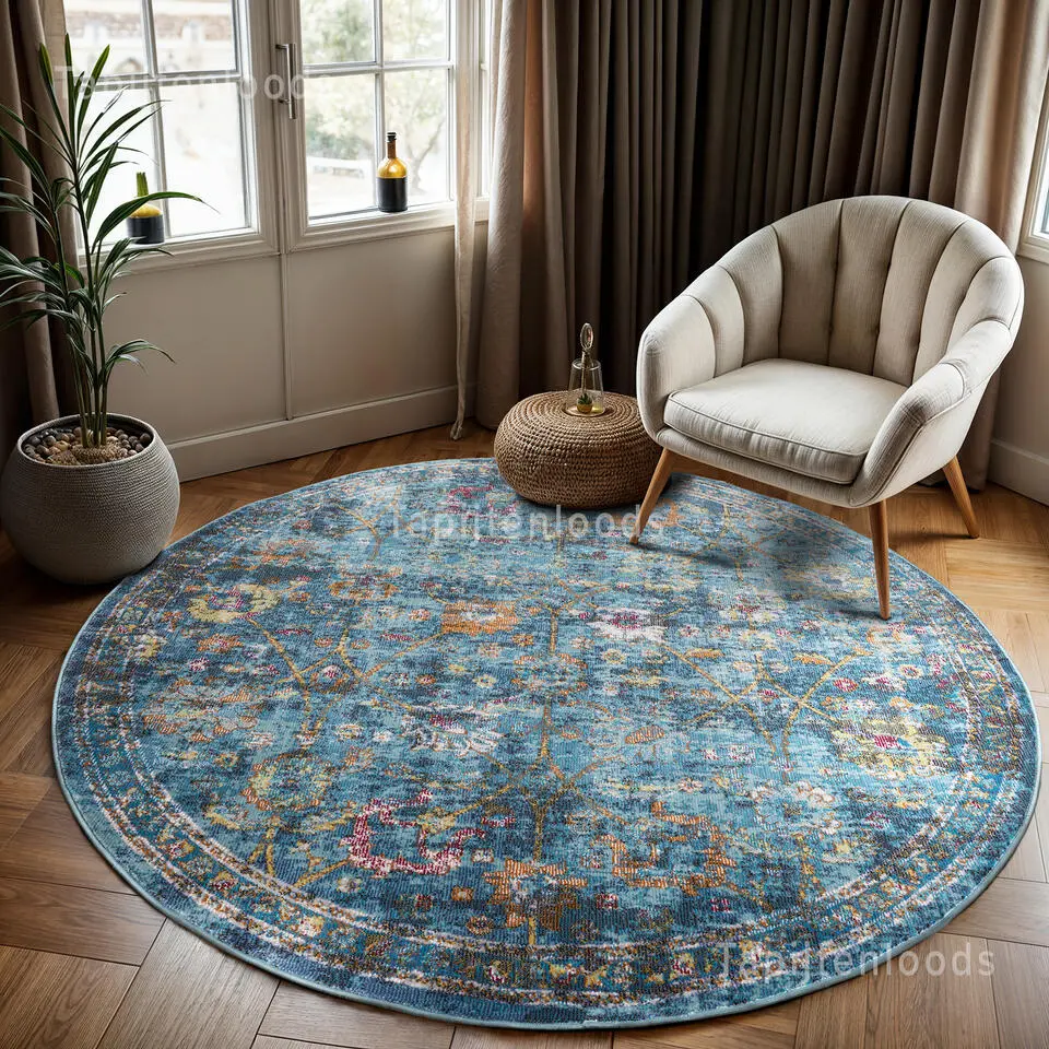 Picasso Sarough Vintage Rond Vloerkleed Blauw Laagpolig - 300 CM ROND