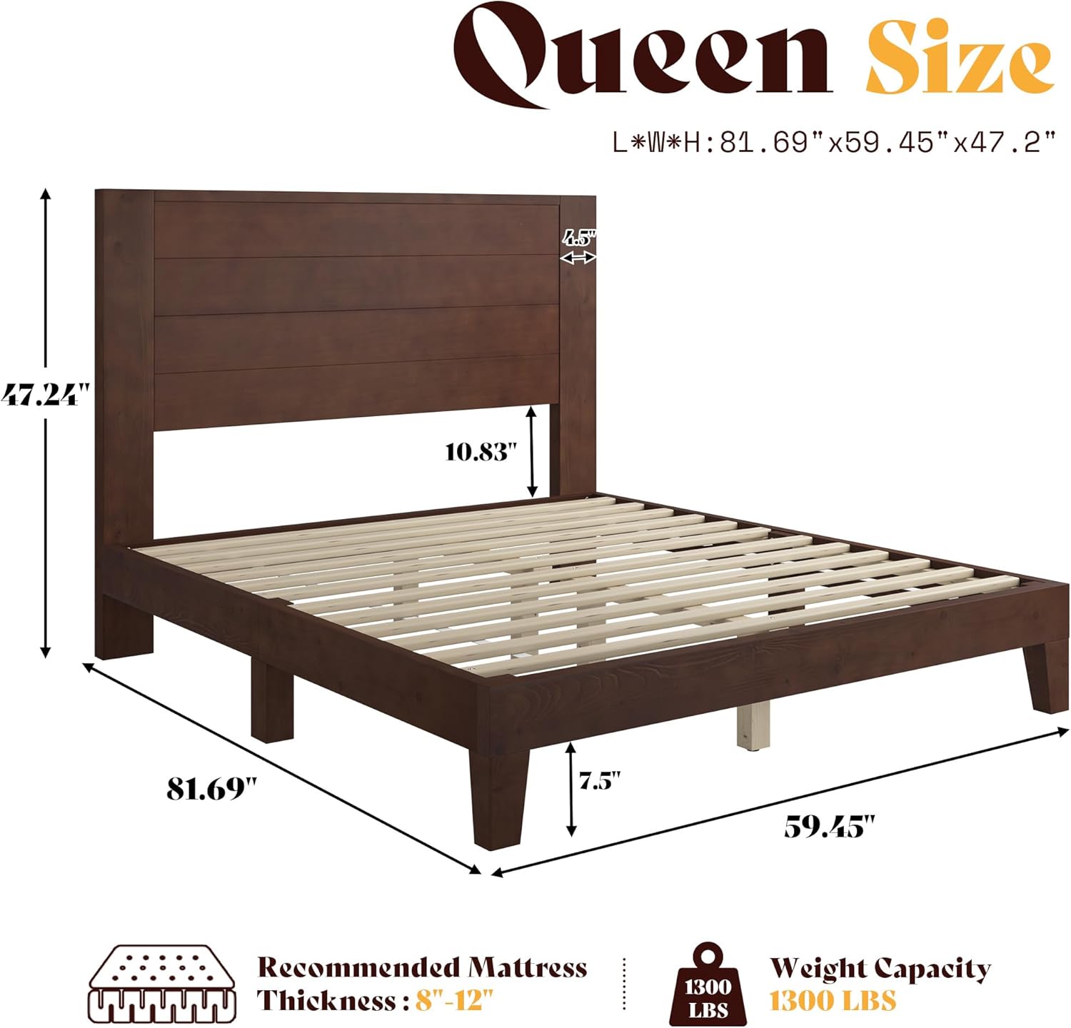 AMERLIFE Queen Sizes Solid Wood Bed Frame with 48 Headboard, Mid Century Modern Platform Bed with Silent Wood Slat System, No Box Spring Needed, Under-Bed Storage, Walnut