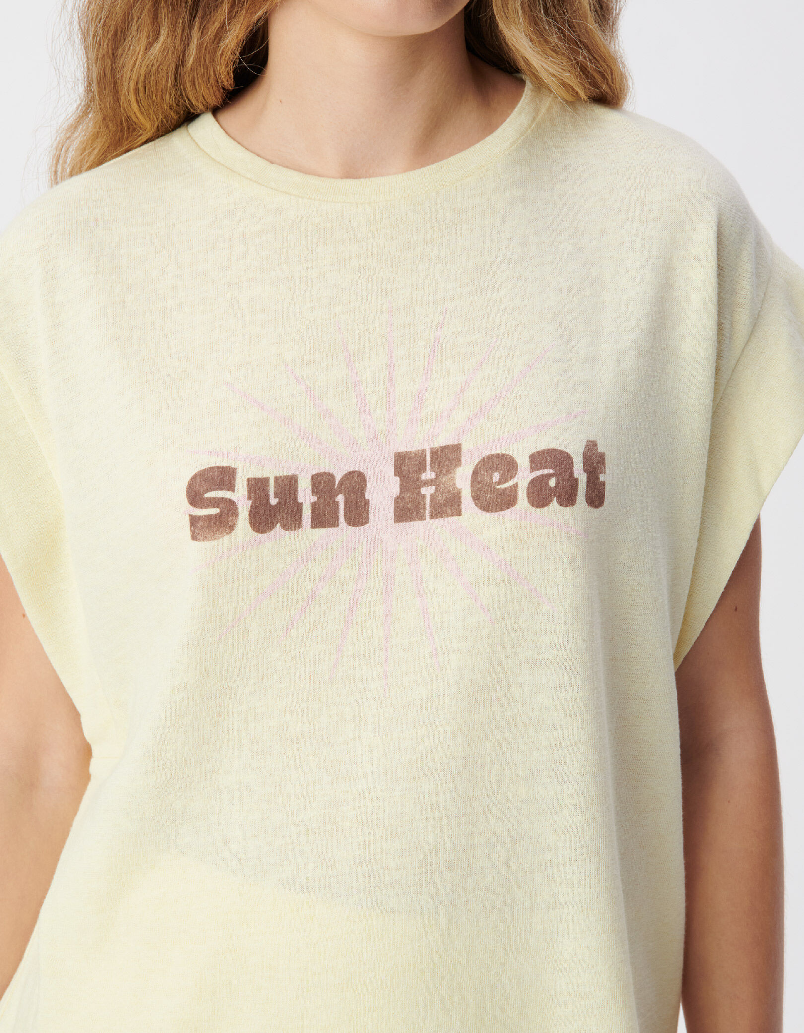 Tee-shirt manches courtes jaune message et soleil Femme