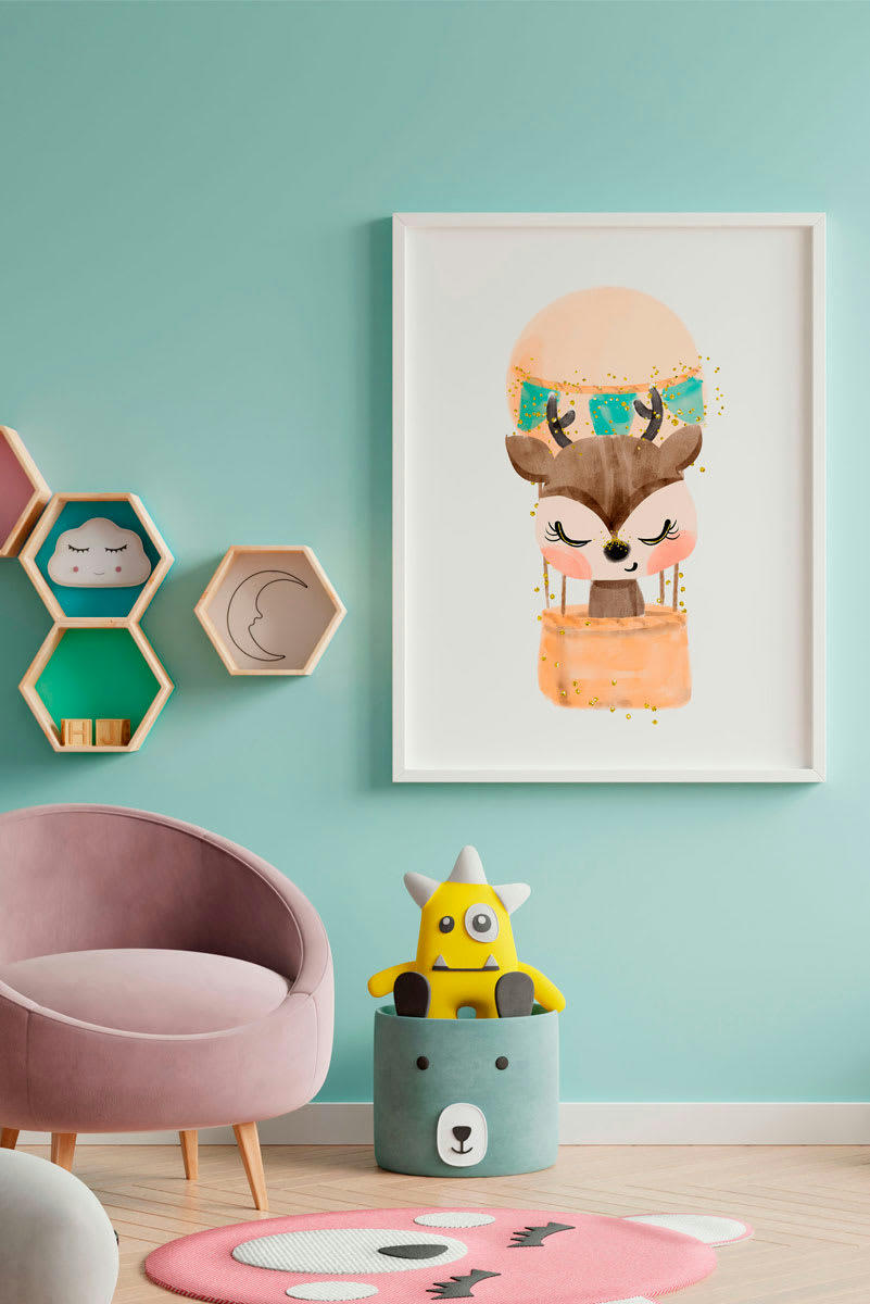CUADROS - Impression de cerf ballon encadrée en bois blanc 43X33 cm