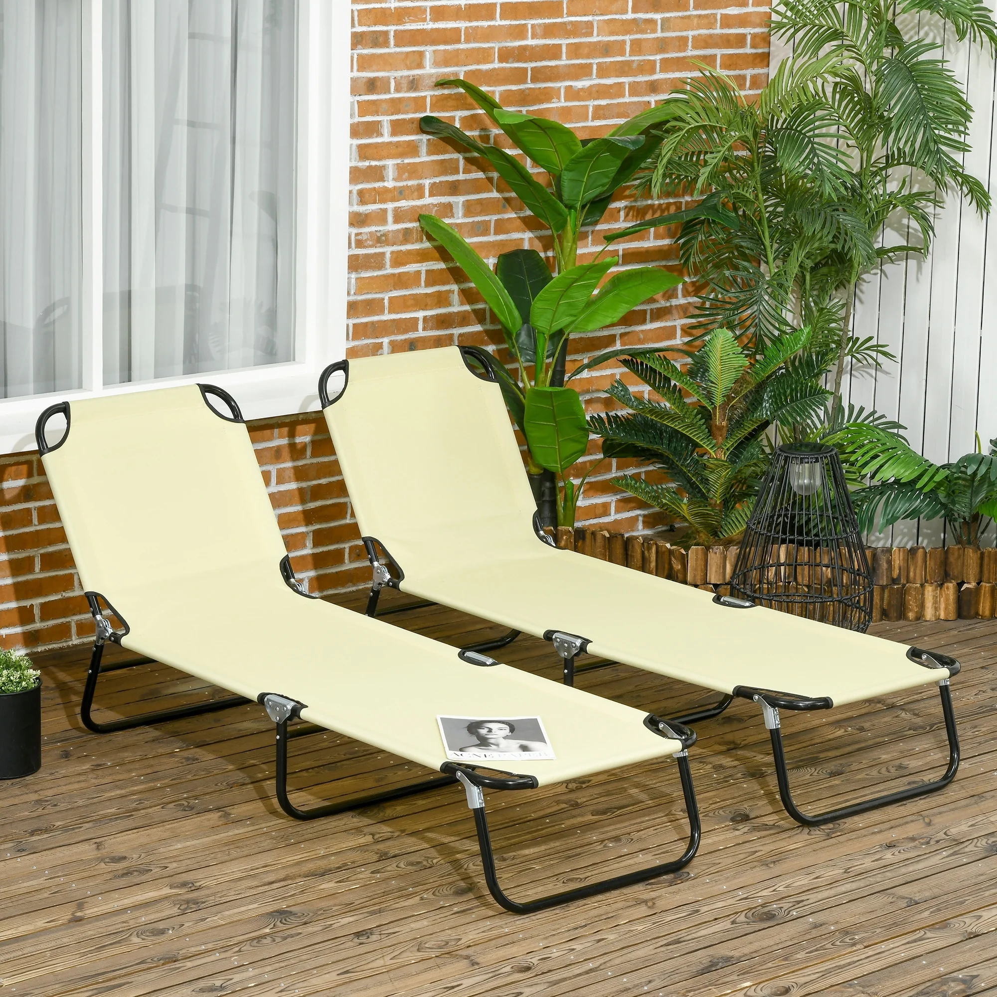Outsunny Folding Chaise Lounge Pool Chairs, Set of 2 Outdoor Sun Tanning Chairs, Five-Position Reclining