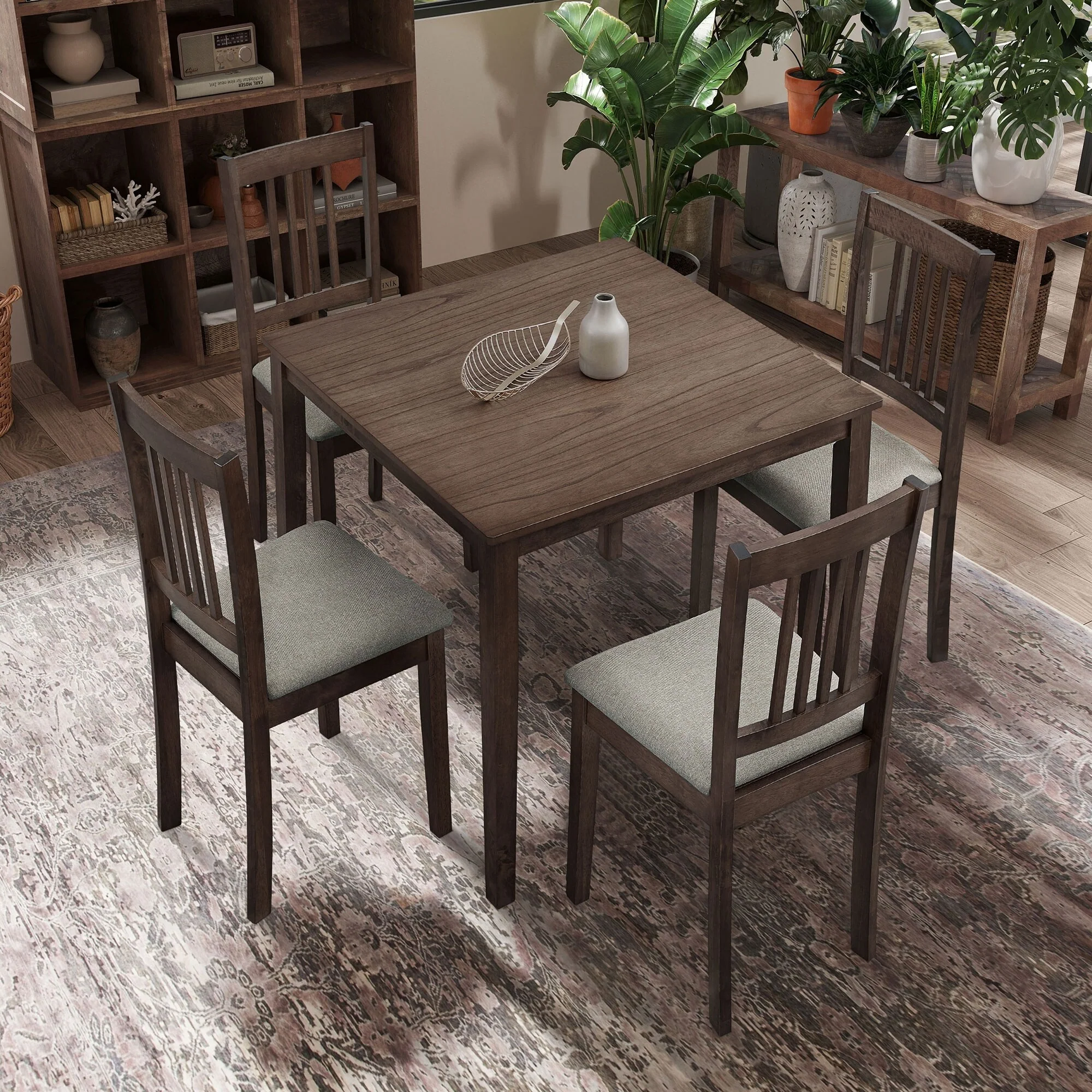 Modern Wooden Dining Table Set, 1 Square Table and 4 Upholstered Chairs, Suitable for Living Room, Dining Room, Kitchen
