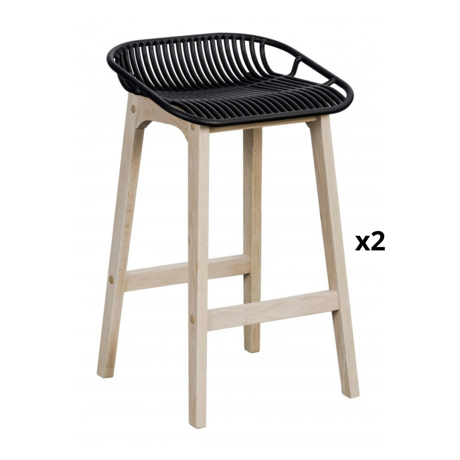 MALMO - Tabourets d'ilot 65 cm  pieds chêne assise plastique noire - Lot de 2