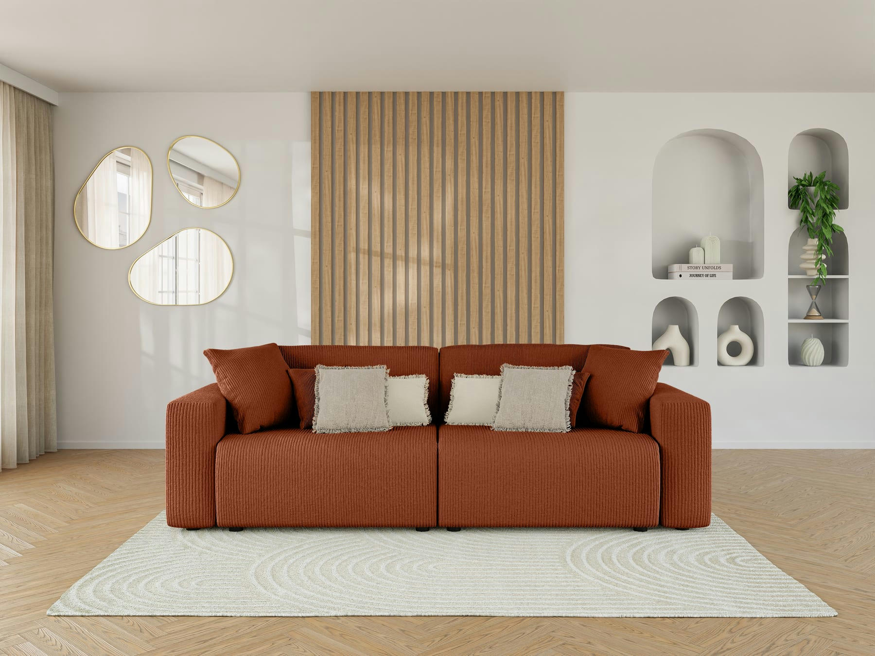 LEO - Canapé droit convertible en velours côtelé 3 places terracotta