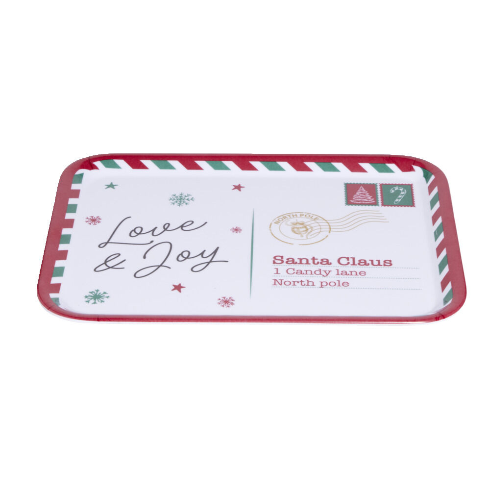 Plateau de service rectangulaire No&euml;l mélaminé motif carte postale 19x37,5cm
