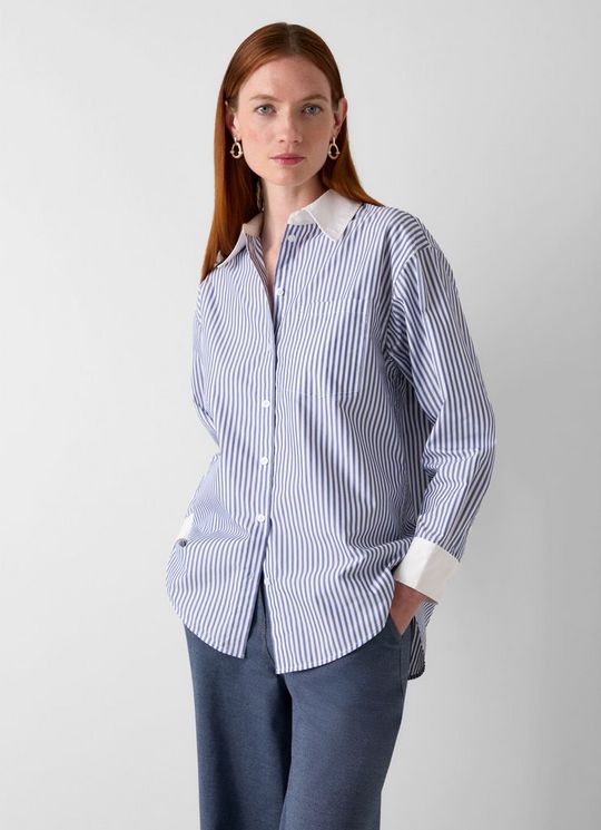 Hally White and Blue Stripe Print Cuff and Collar Shirt