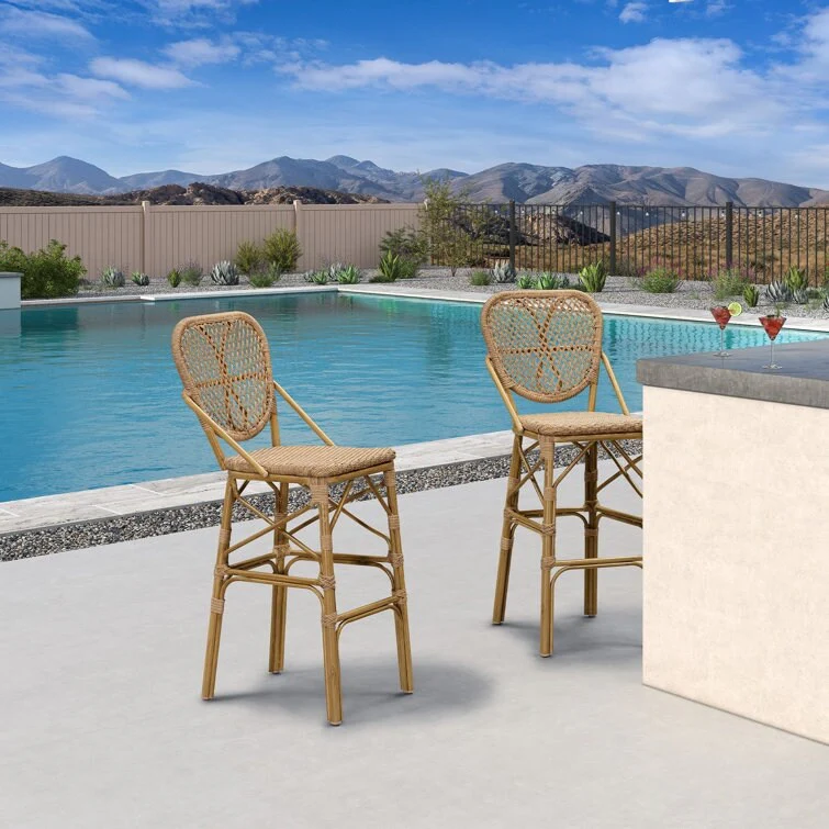 PURPLE LEAF 2 Set of Outdoor Barstools,Bamboo Bistro Dining Chair,Cushion Included