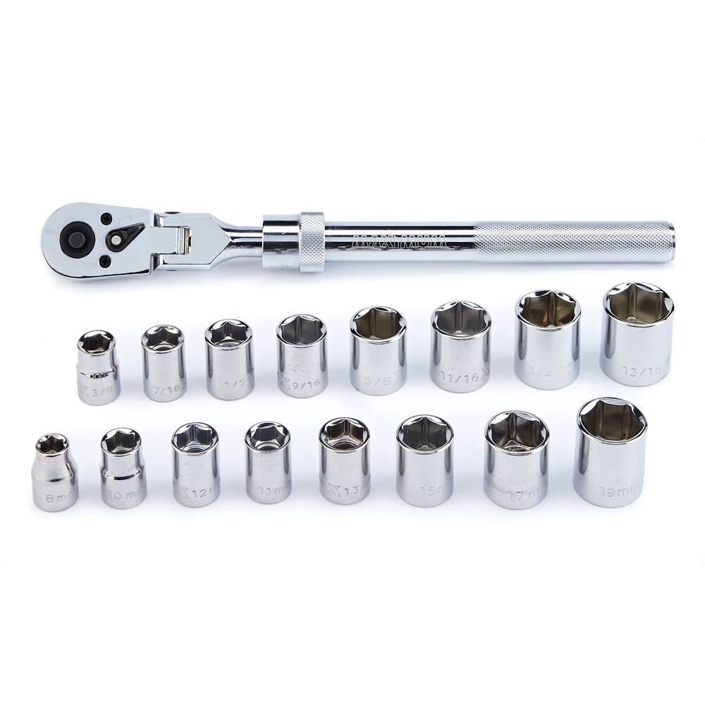 MAXIMUM 3/8-in Drive Flexhead Extendable Ratchet Socket Set 17-pc, CRV, Nickel-Chrome Plating