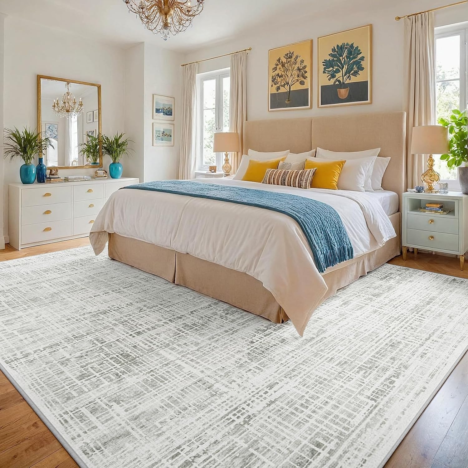 10x14 Area Rugs for Living Room Washable Rug: Anti-Skid Abstract Modern Living Room Rug Soft Thin Carpets Indoor Floor Non-Shedding Carpet for Bedroom Dining Farmhouse Nursery Home Office White Gray