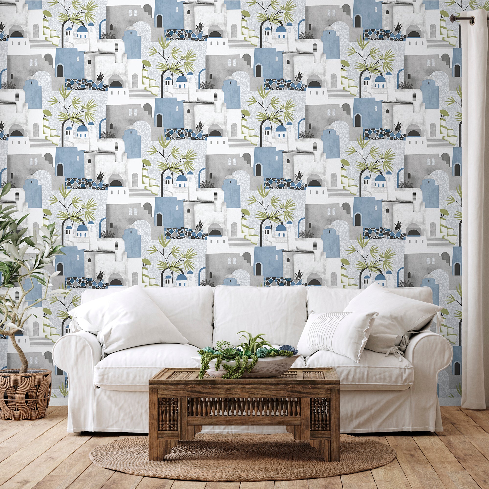 Sanders & Sanders behang mediterrane huisjes blauw, grijs en wit - 53 cm x 10 m - 640081