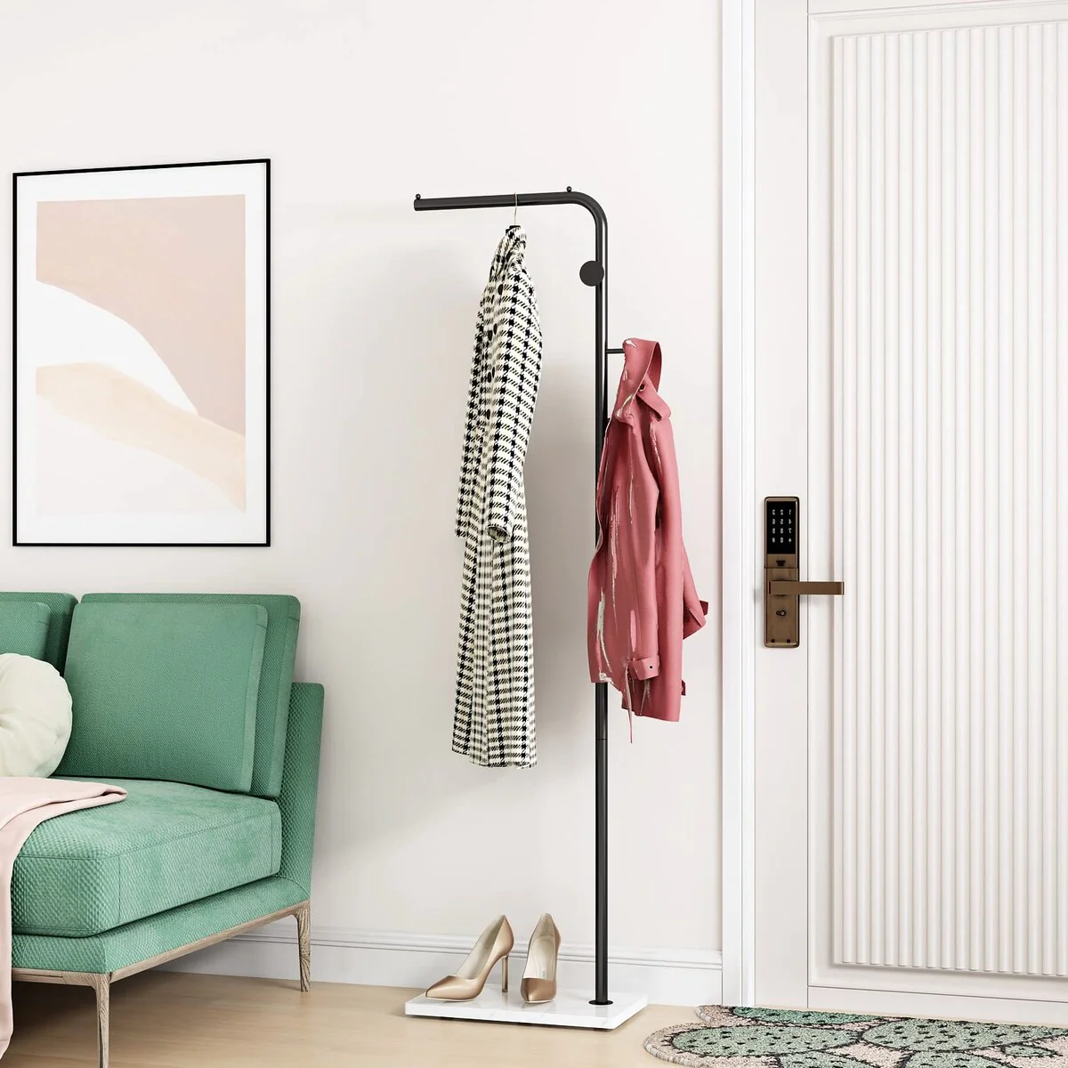 Black Coat Racks with White Base, Entryway Coats Racks Freestanding with 3 Hooks, L Shape Home Coat Hanger