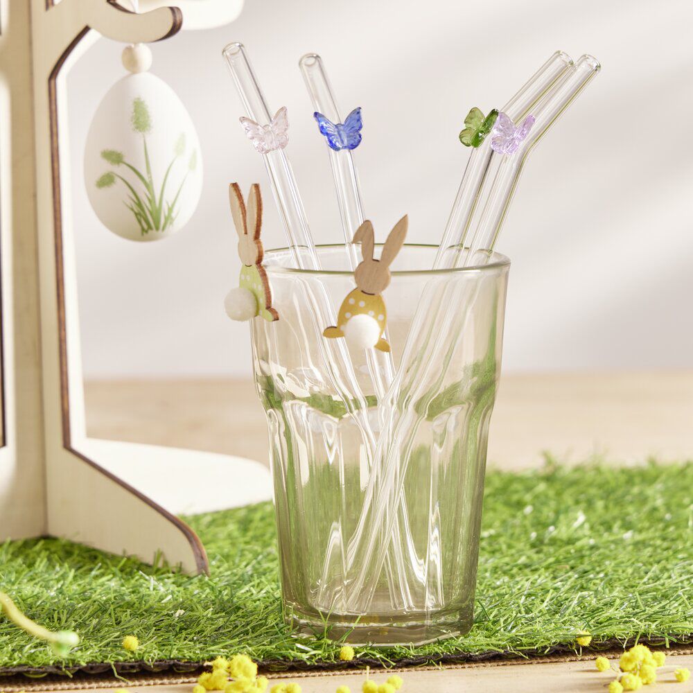 Paille en verre x4 décor papillon avec goupillon L20cm