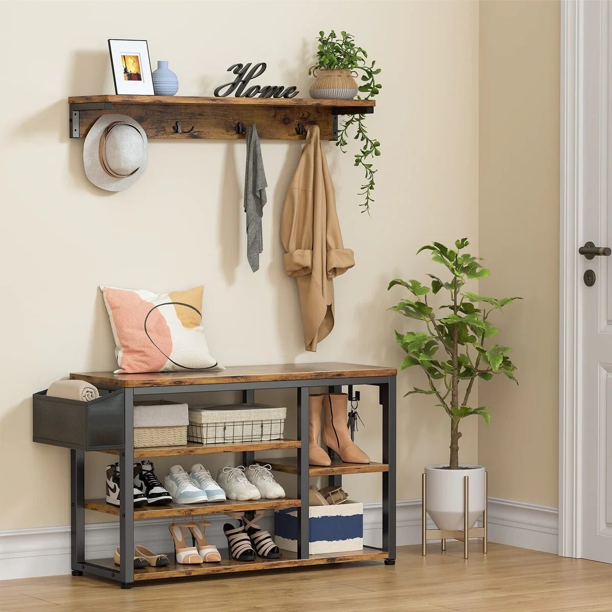 Hall Tree Shoe Bench with Storage, 4 in 1 Coat Rack Set, Industrial Bench with 4 Hooks, 5 Storage Shoe Cubbies