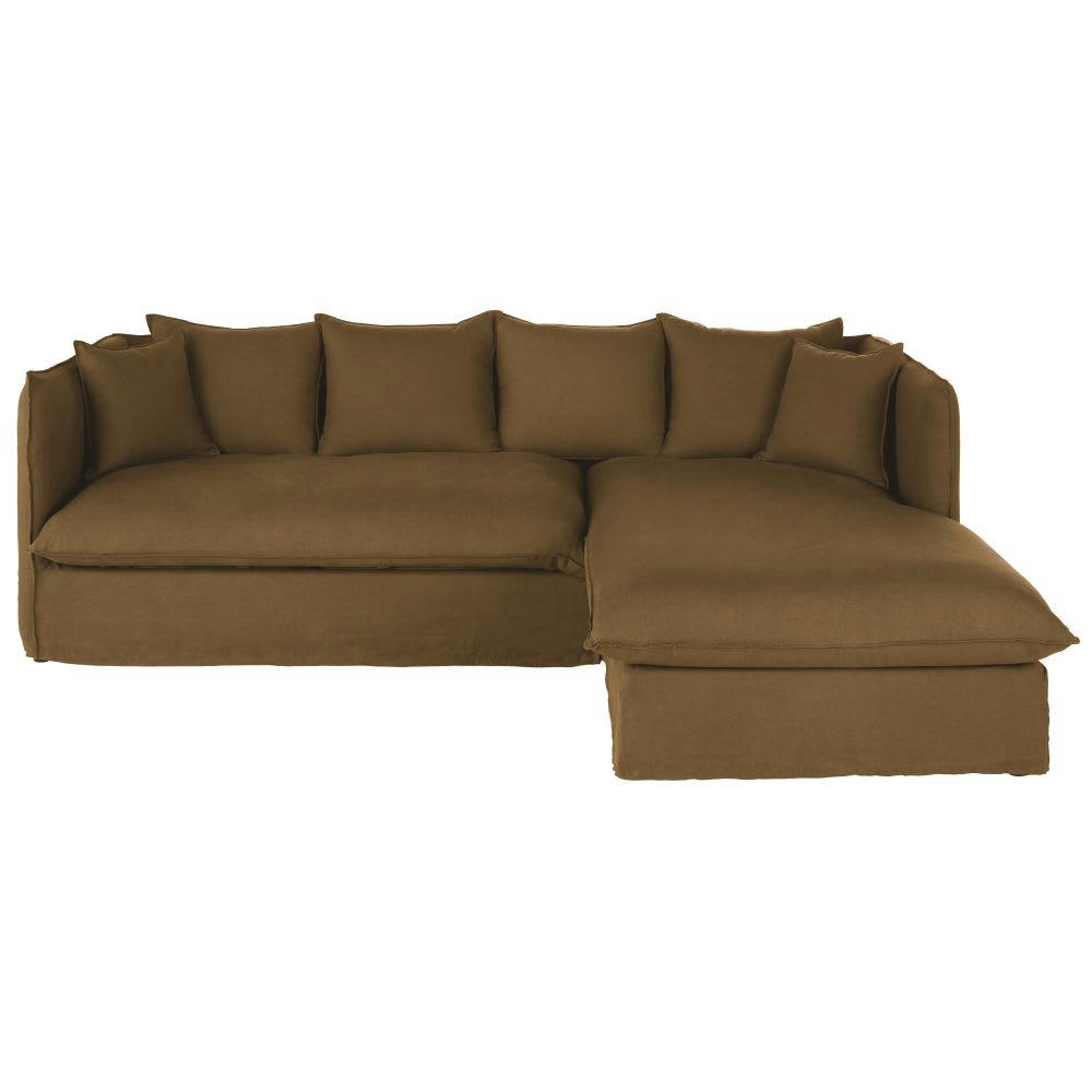 Louvain - Canapé d'angle droit convertible 3/4 places en lin froissé marron havane, matelas 10 cm