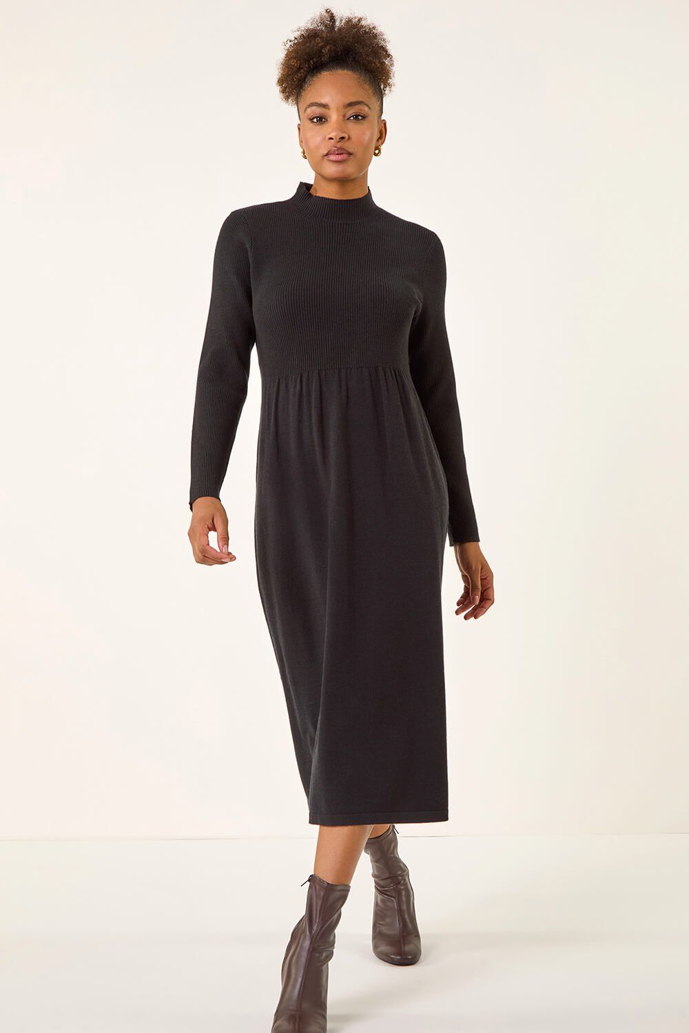 Roman Ribbed Knit High Neck Midi Dress