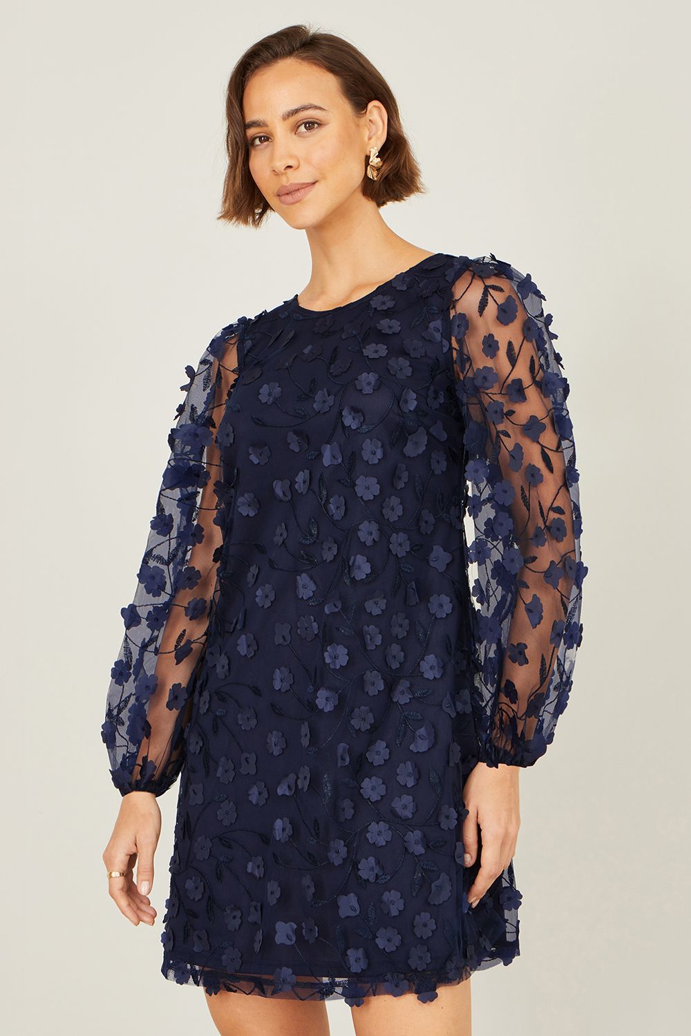 Yumi Navy Long Sleeve Floral Applique Tunic
