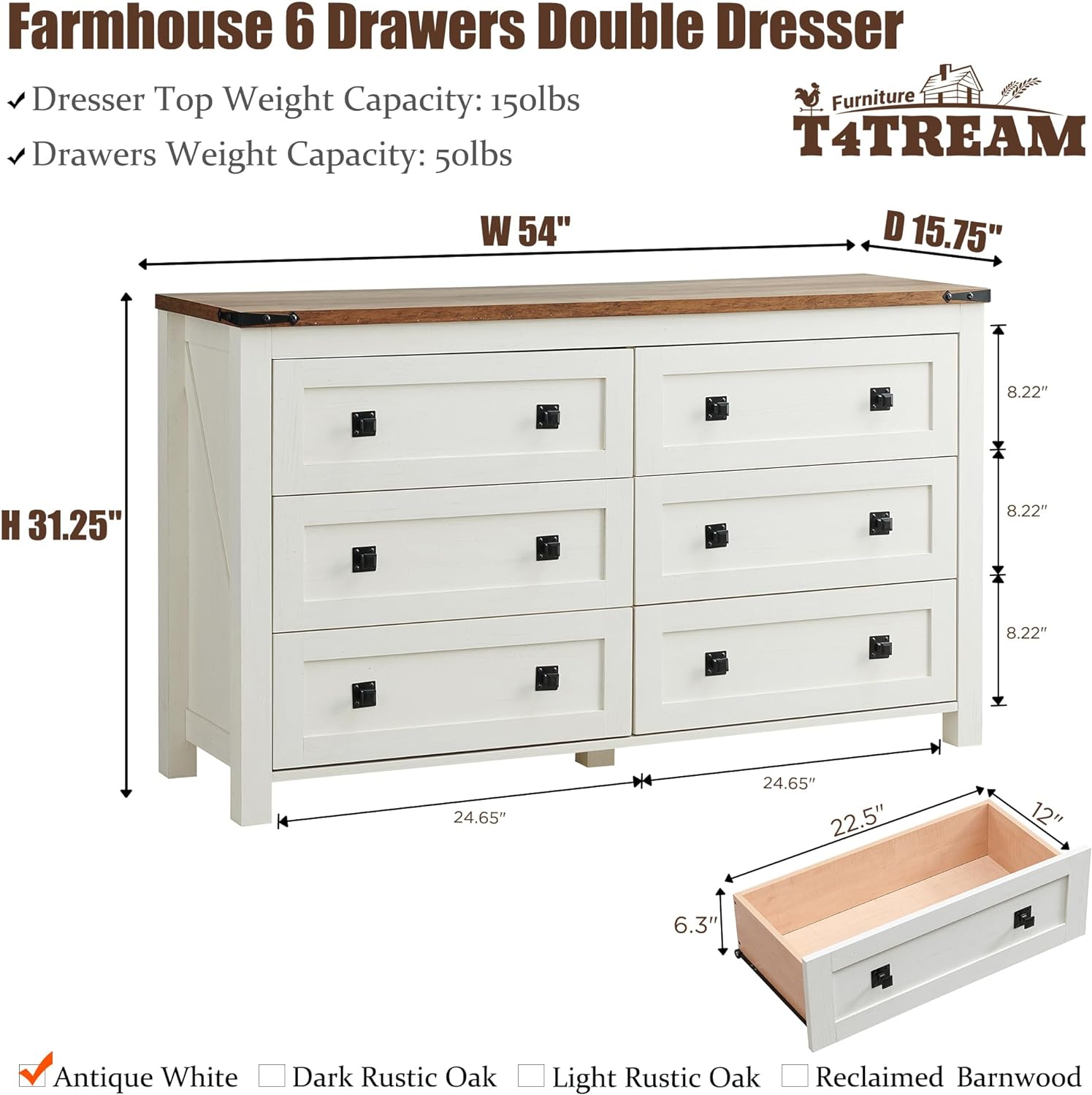 T4TREAM Farmhouse 6 Drawers Dresser for Bedroom, Wood Rustic Wide Chest of Drawers, Storage Dressers Organizer for Bedroom, Living Room, Hallway, Antique White