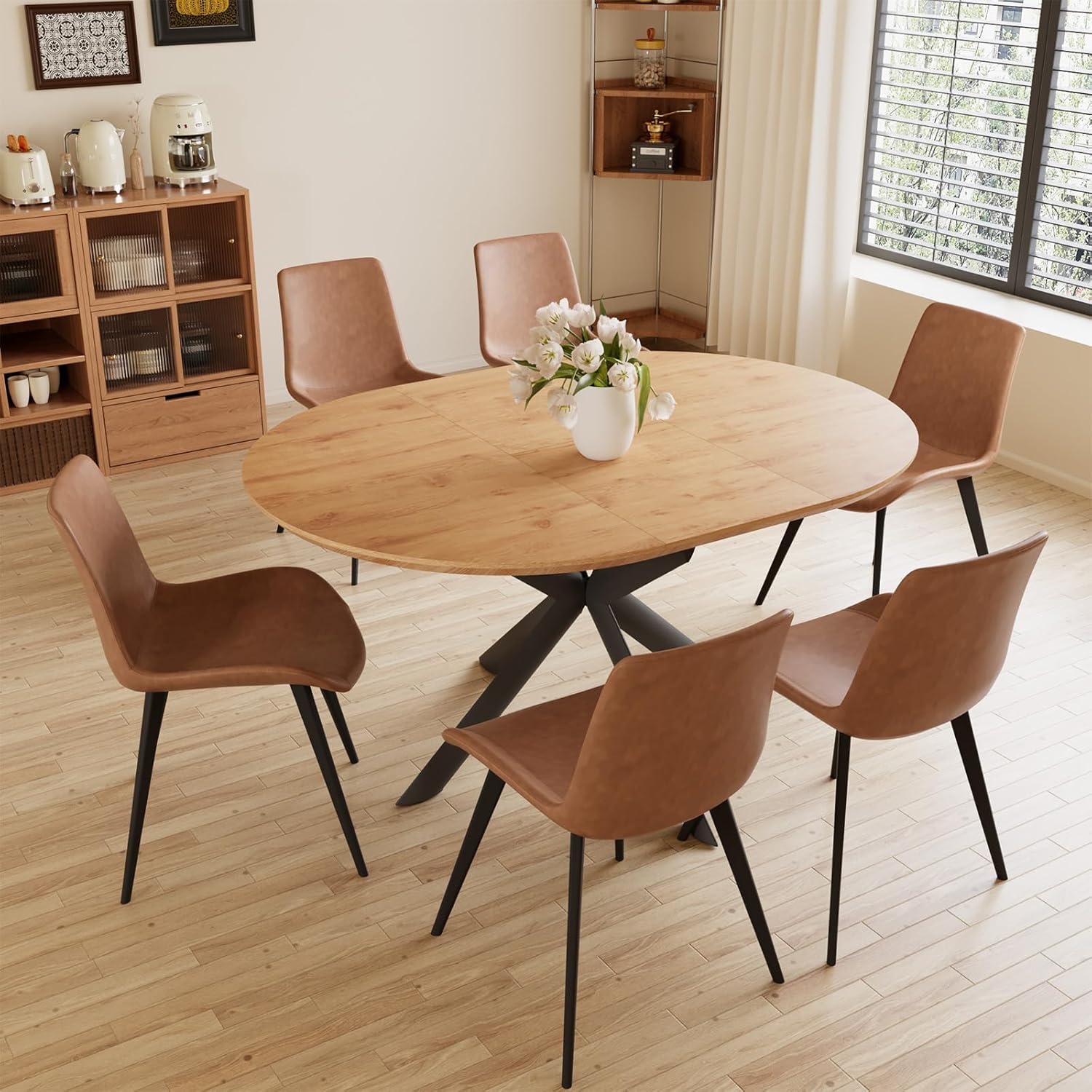 43.2-59.1 Extendable Round Dining Table Set, Mid Century Wooden Round Kitchen Table, Oak Coffee Table for 4-6 Person,PU Leather Chair