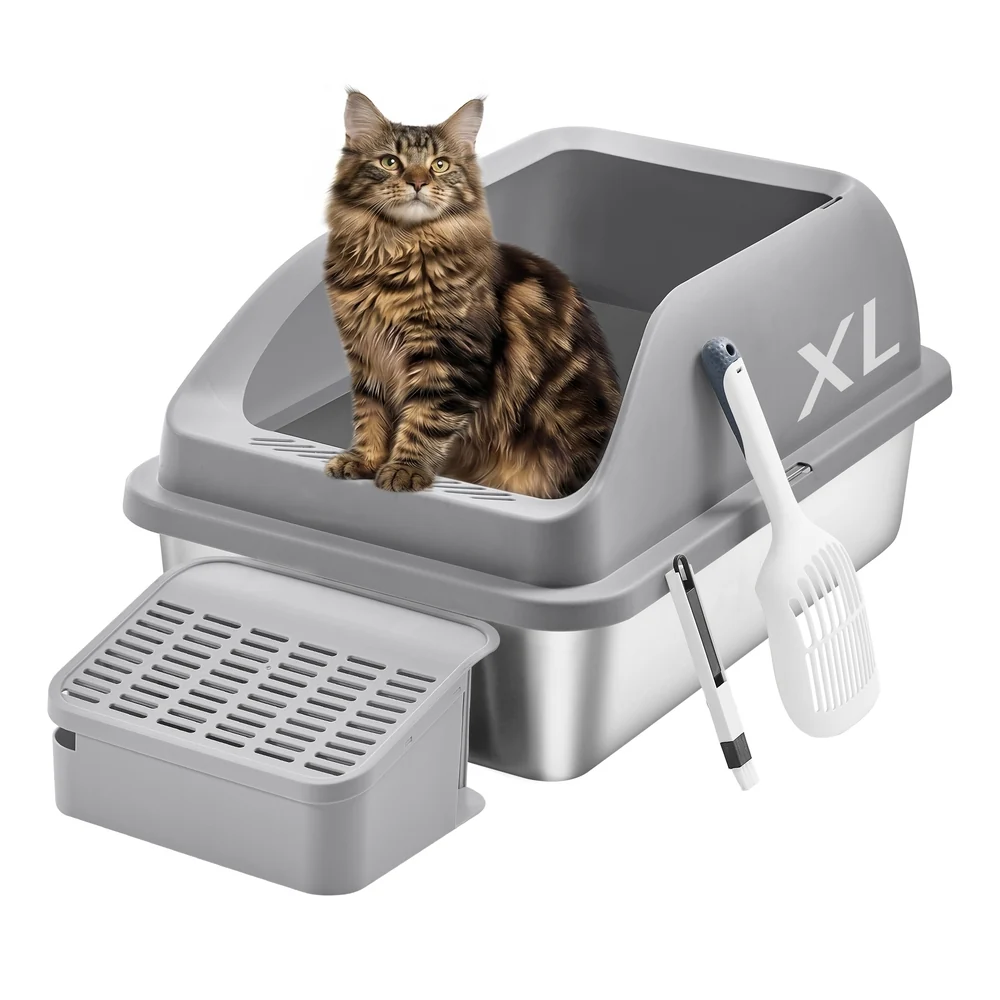 Bac à litière pour chat en acier inoxydable ouvert