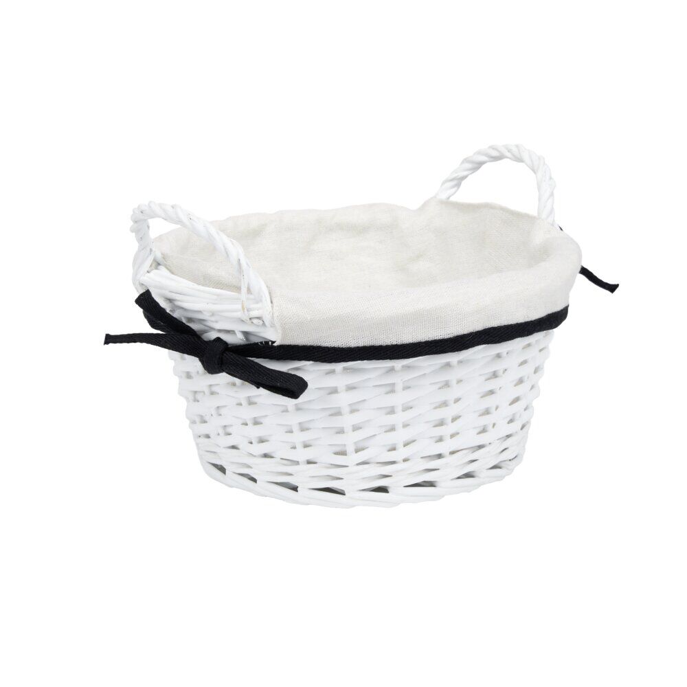Panière ronde en bois tressé doublure tissu blanc noeud noir Ø25xH12cm