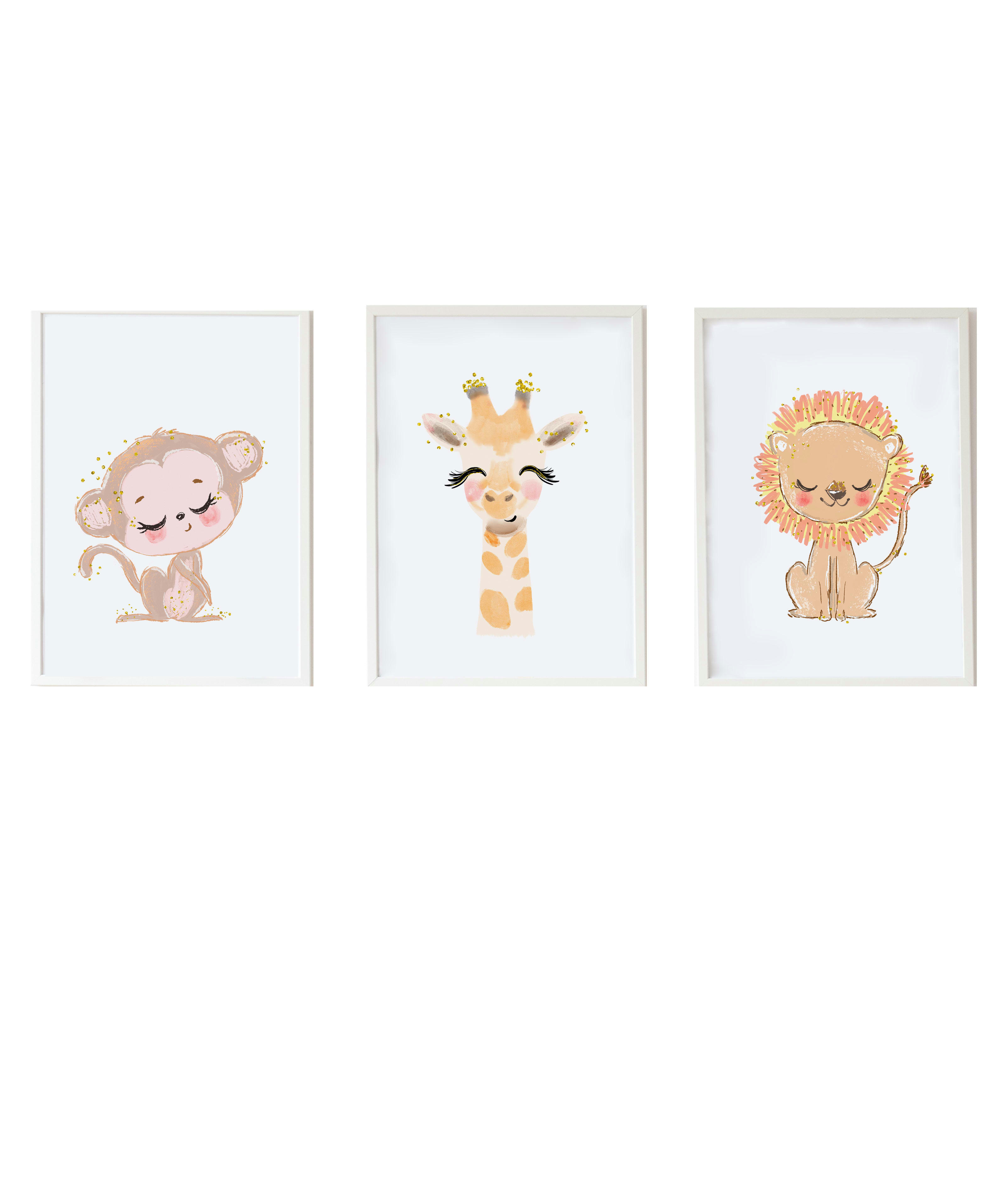 DECOWALL - Pack encadré bois blanc impression le girafe et lion 43X33 cm