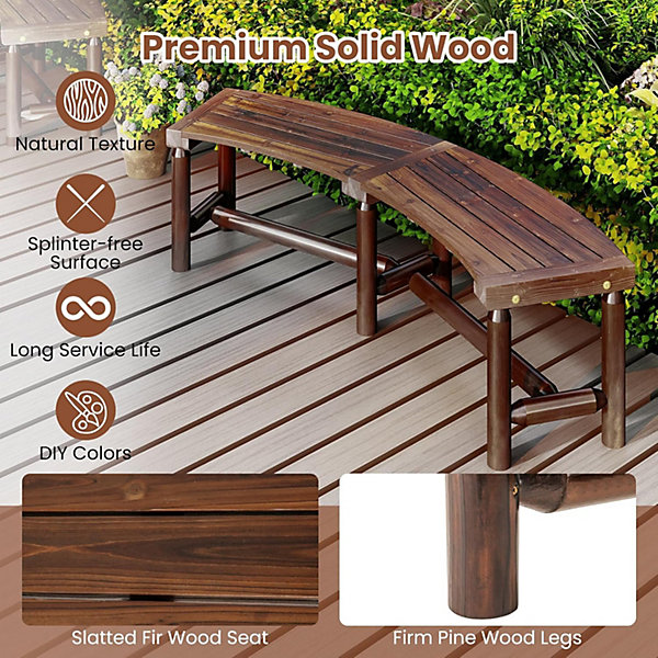 Banc Jardin Extérieur, Banc Courbé Angle en Bois pour 2-3 Personnes avec Siège à Lattes, Capacité 360 kg, 170 x 58 x 45 cm,Marron