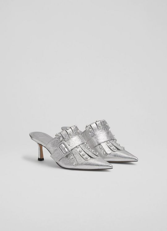 Lkb Atty Silver Leather Fringed Mules