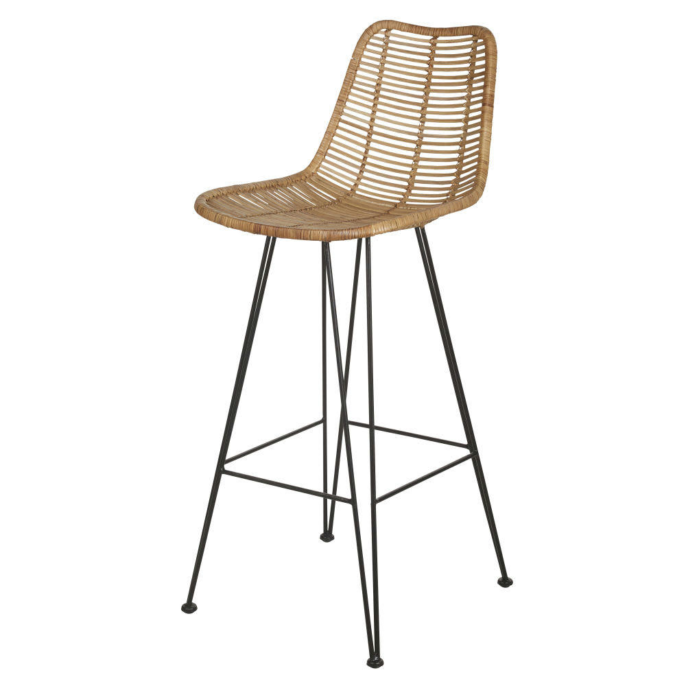 Pitaya - Chaise de bar en rotin et métal noir H75
