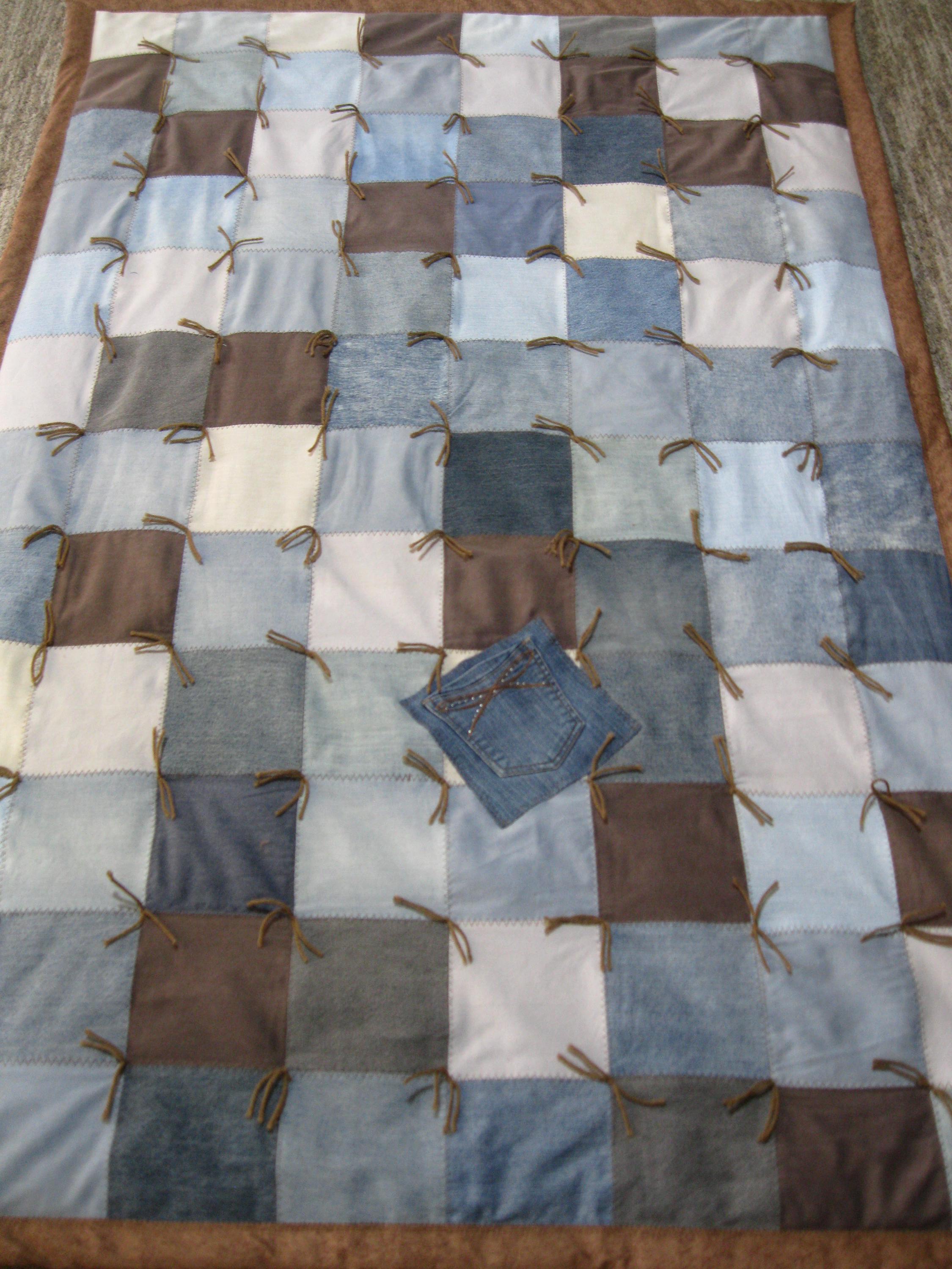 New Handmade Tied Oversized Denim Jean Throw Lap Blue Brown Vine Leaf COTTON Quilt Blanket