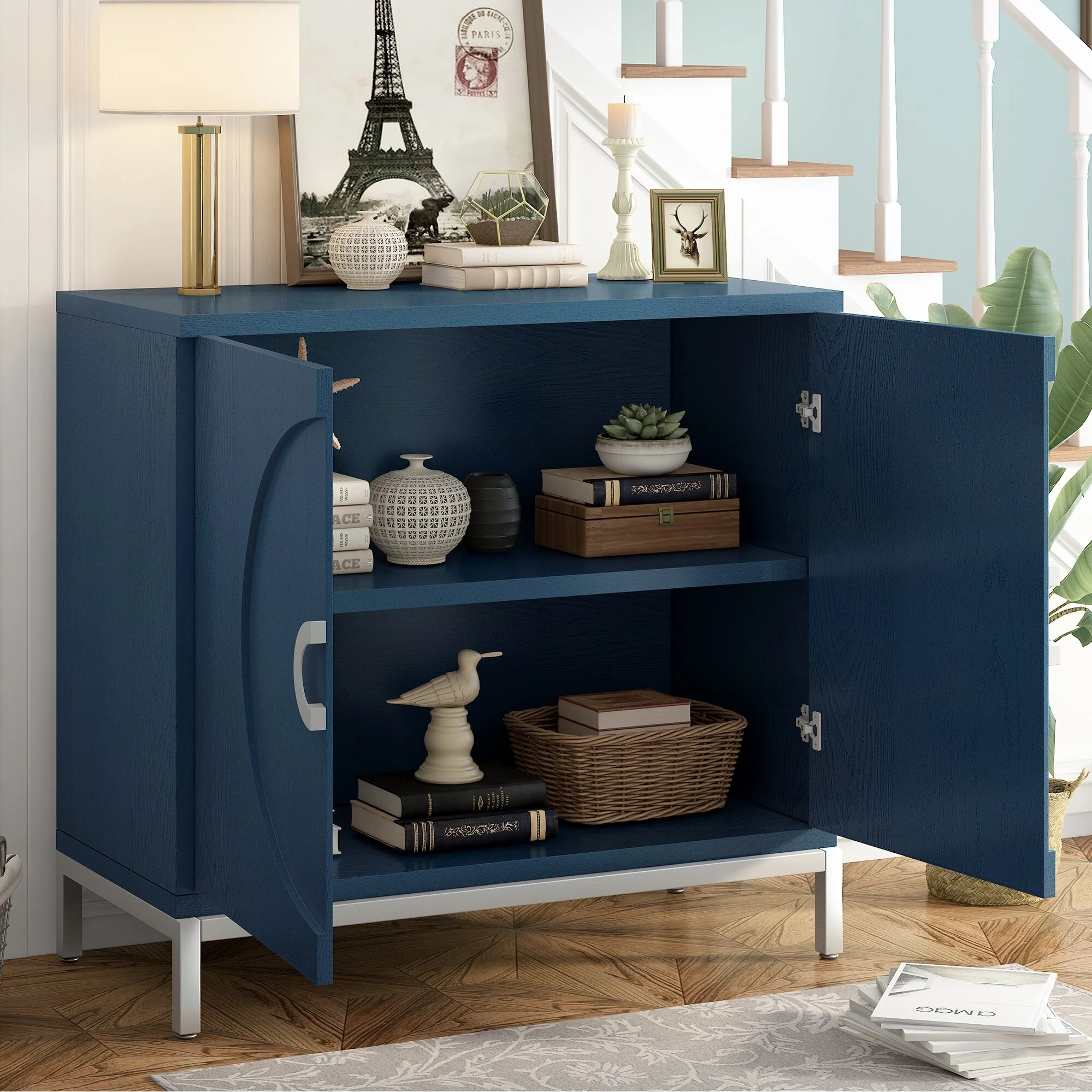 Modern Storage Cabinet with Adjustable Wooden Shelves and Metal Leg Frame for Living Room, Entryway, Dining Room