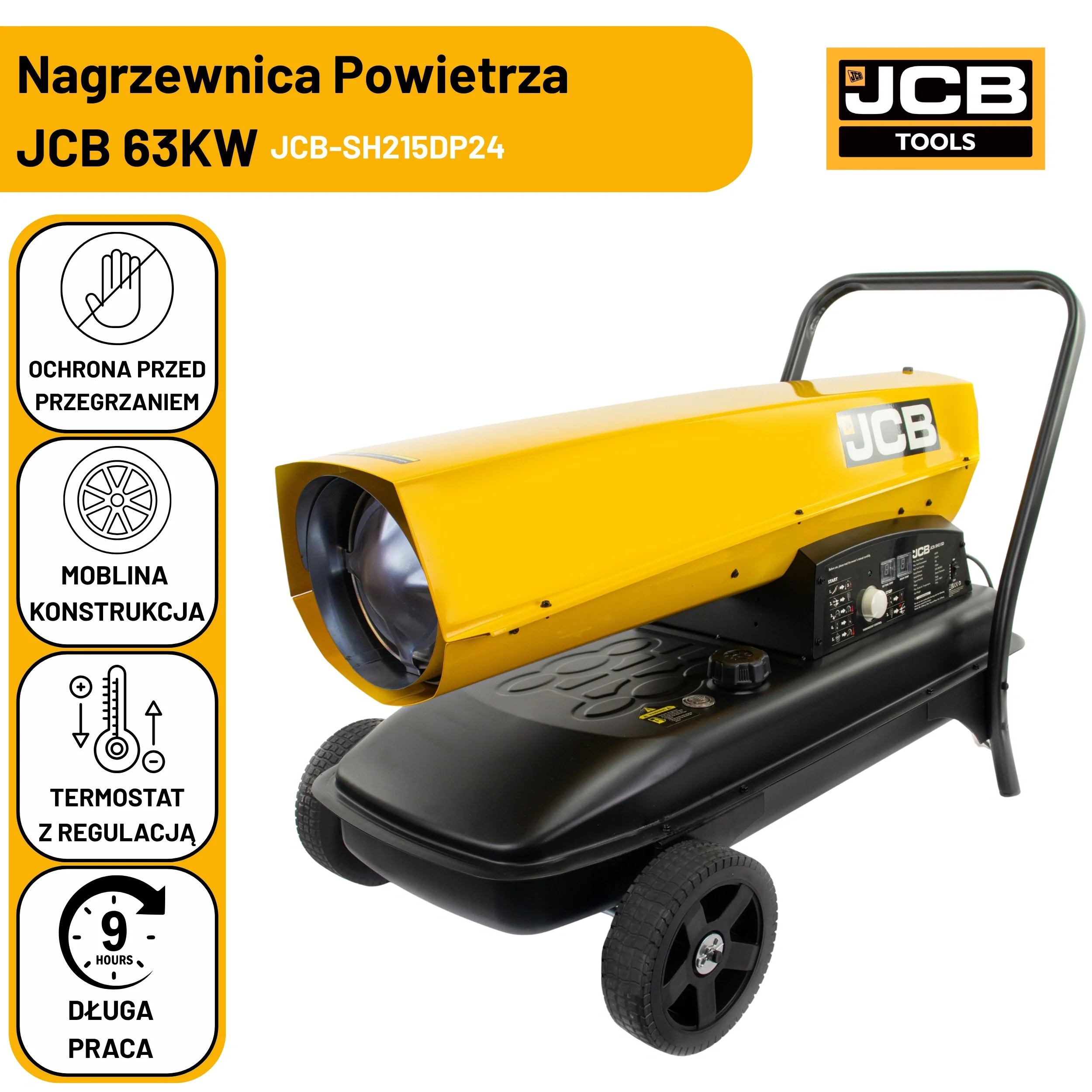Nagrzewnica Olejowa JCB Tools 63 KW Z Termostatem I Wyświetlaczem Elektronicznym