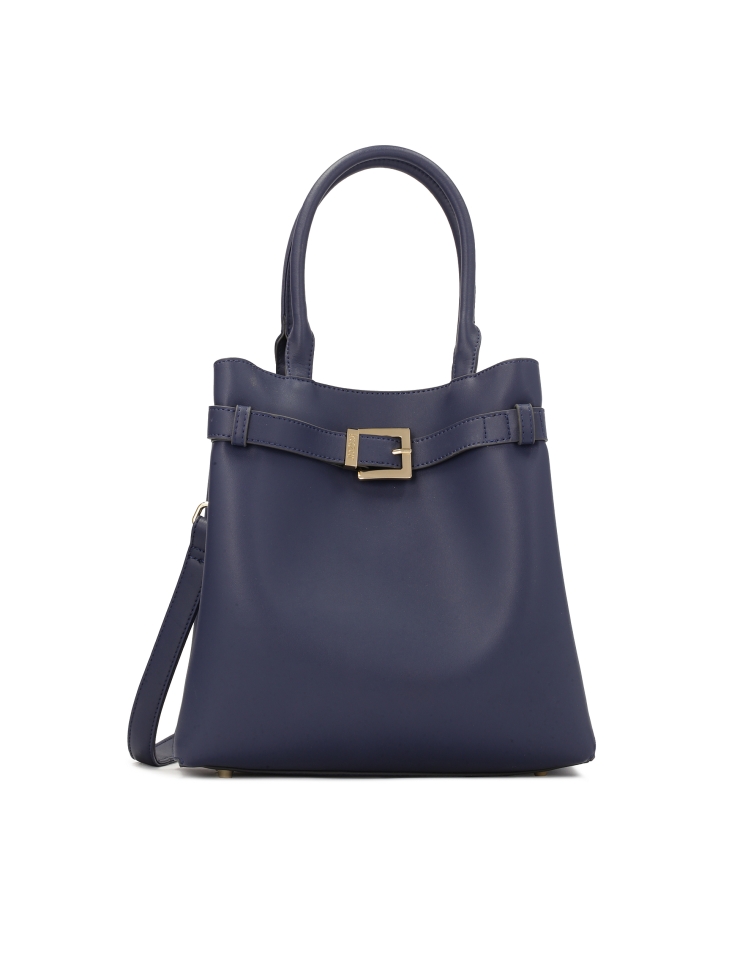 Navy blue handbag with hand grips and strap