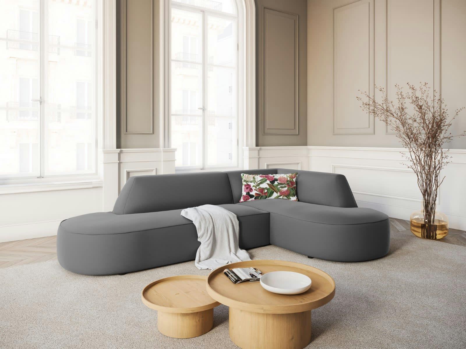 CHARLES - Canapé D'Angle Droit 4 places en Velours Gris Foncé
