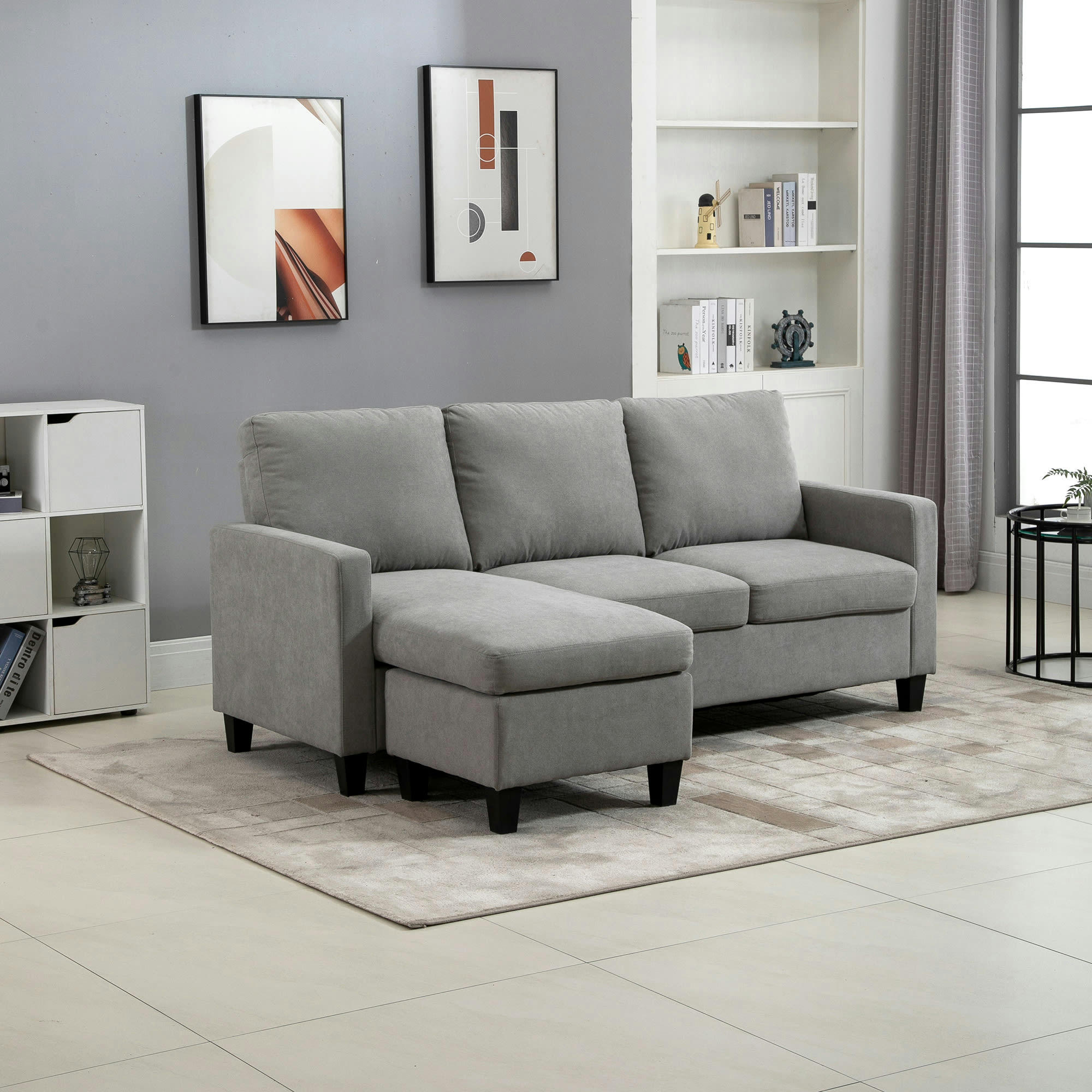 - Canapé d'angle 3 places méridienne réversible polyester gris