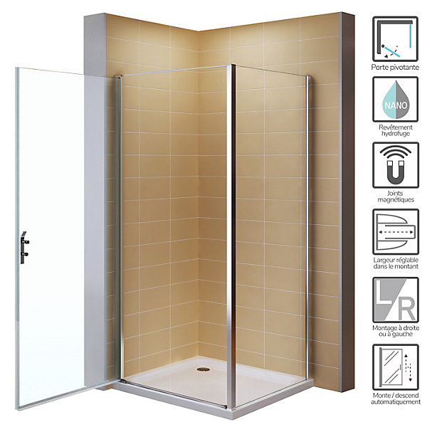 Cabine de douche NIKY H.195 cm porte pivotante verre 8 mm transparent 85 x 85 cm   receveur