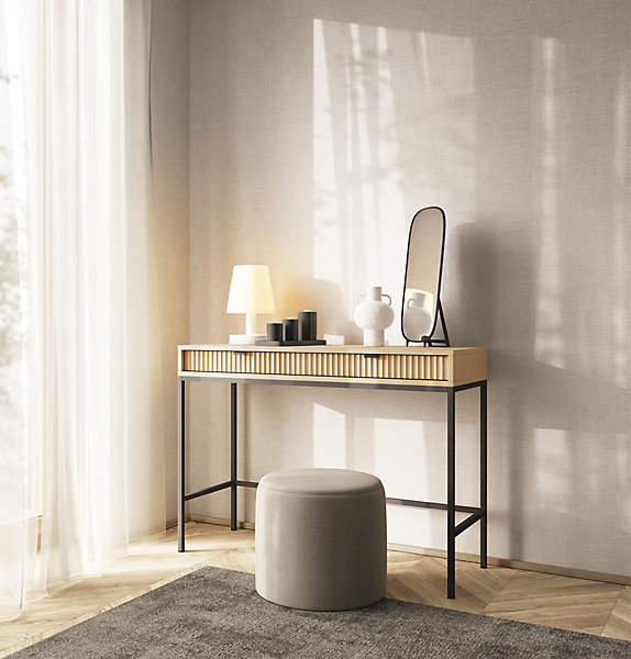 Coiffeuse bureau 2 tiroirs aspect chêne avec pieds noirs 104 cm VELLORE
