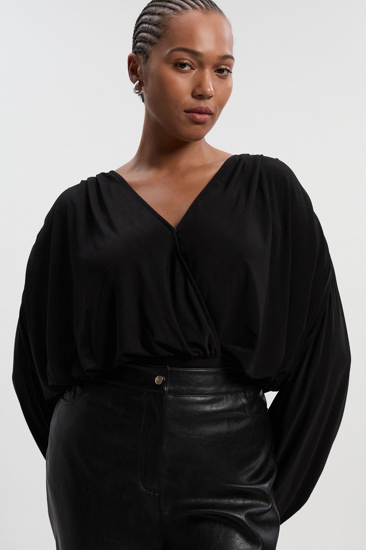 KarenMillen Plus Size Stretch Drapey Crepe Ruched Plunge Neck Batwing Sleeve Bodysuit